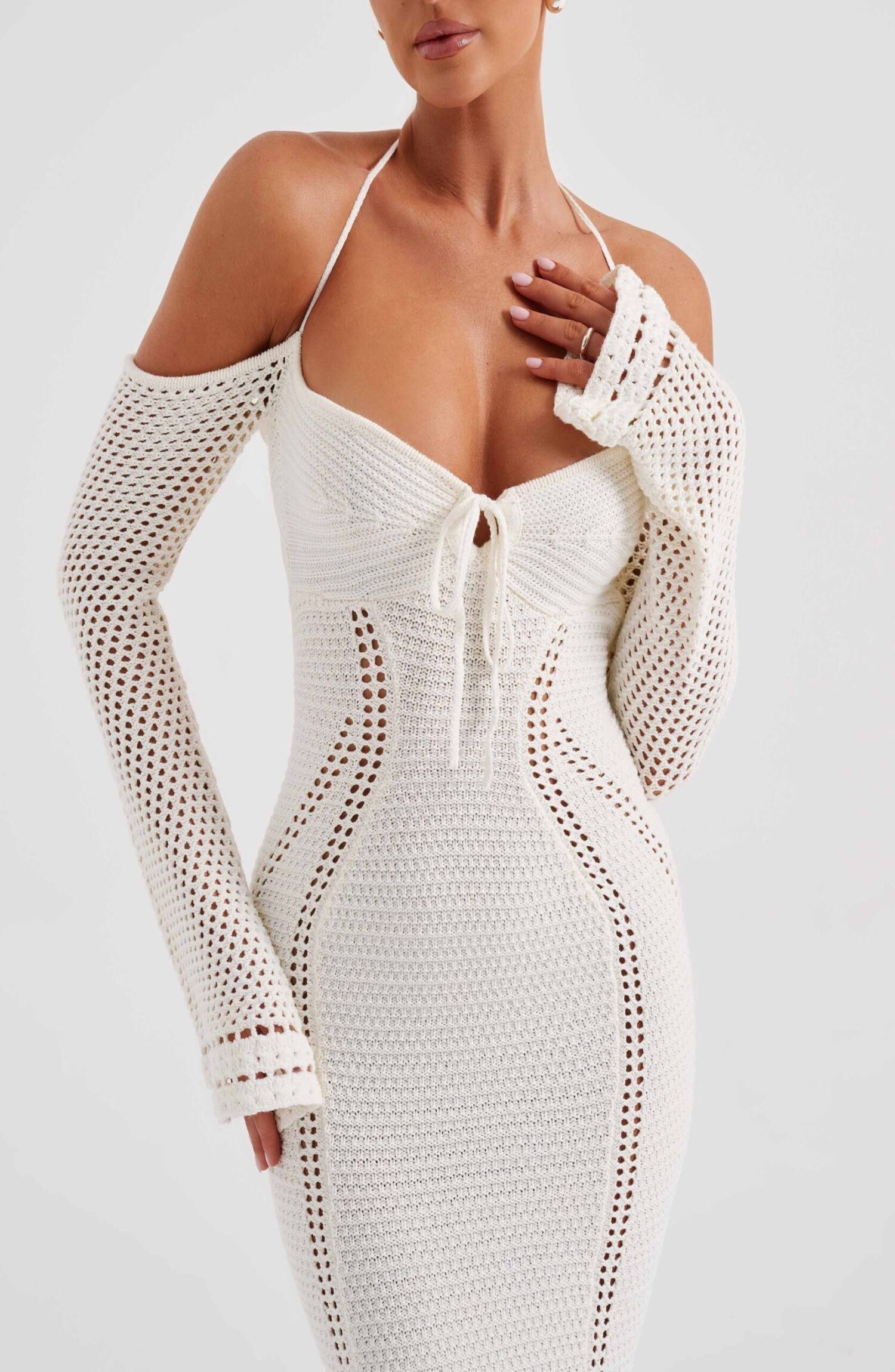 Samariah White Crochet Maxi Dress - Off Shoulder, Tie Bust - Image 10