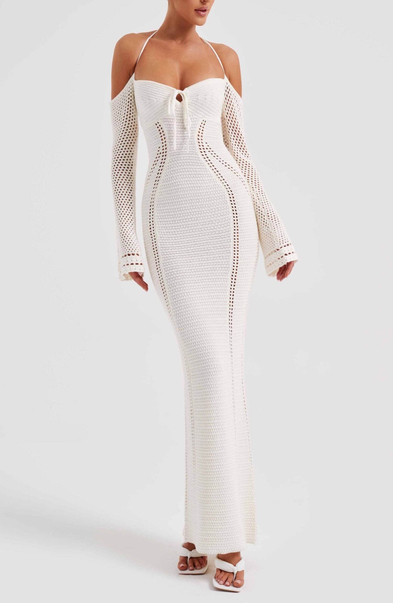 Samariah White Crochet Maxi Dress - Off Shoulder, Tie Bust - Image 11