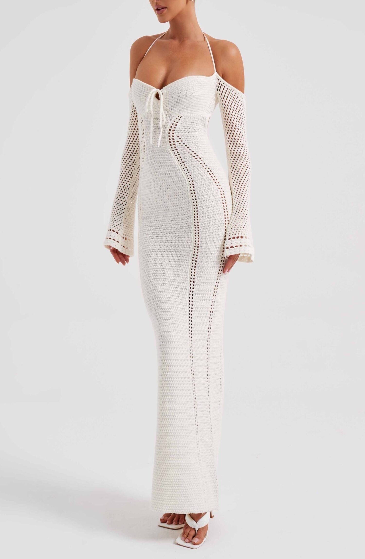 Samariah White Crochet Maxi Dress - Off Shoulder, Tie Bust - Image 6