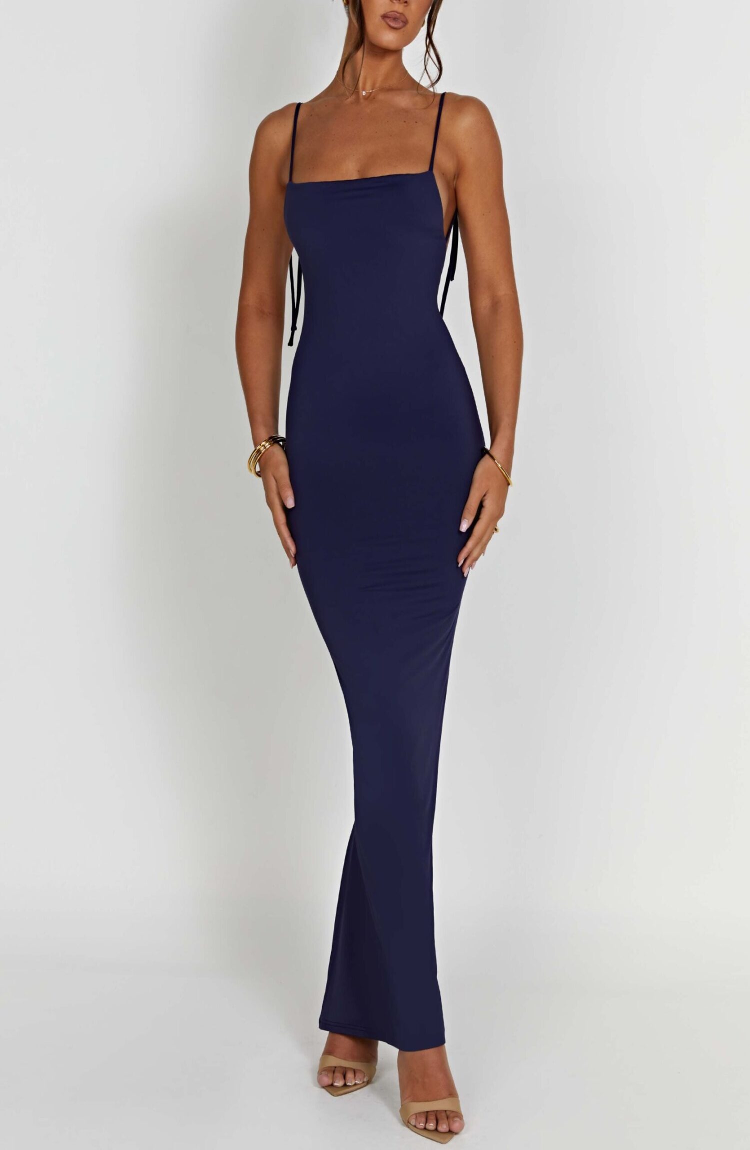 Sanya Maxi Dress Navy - Feminine, Cinching, Low Back, Tie Straps - Image 11