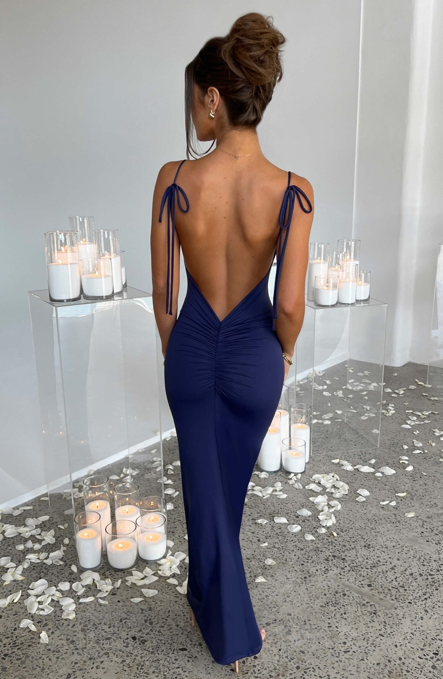 Sanya Maxi Dress Navy - Feminine, Cinching, Low Back, Tie Straps - Image 3