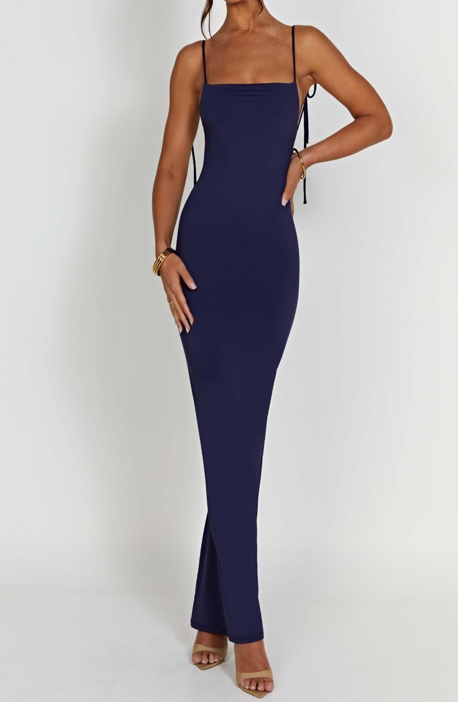 Sanya Maxi Dress Navy - Feminine, Cinching, Low Back, Tie Straps - Image 13