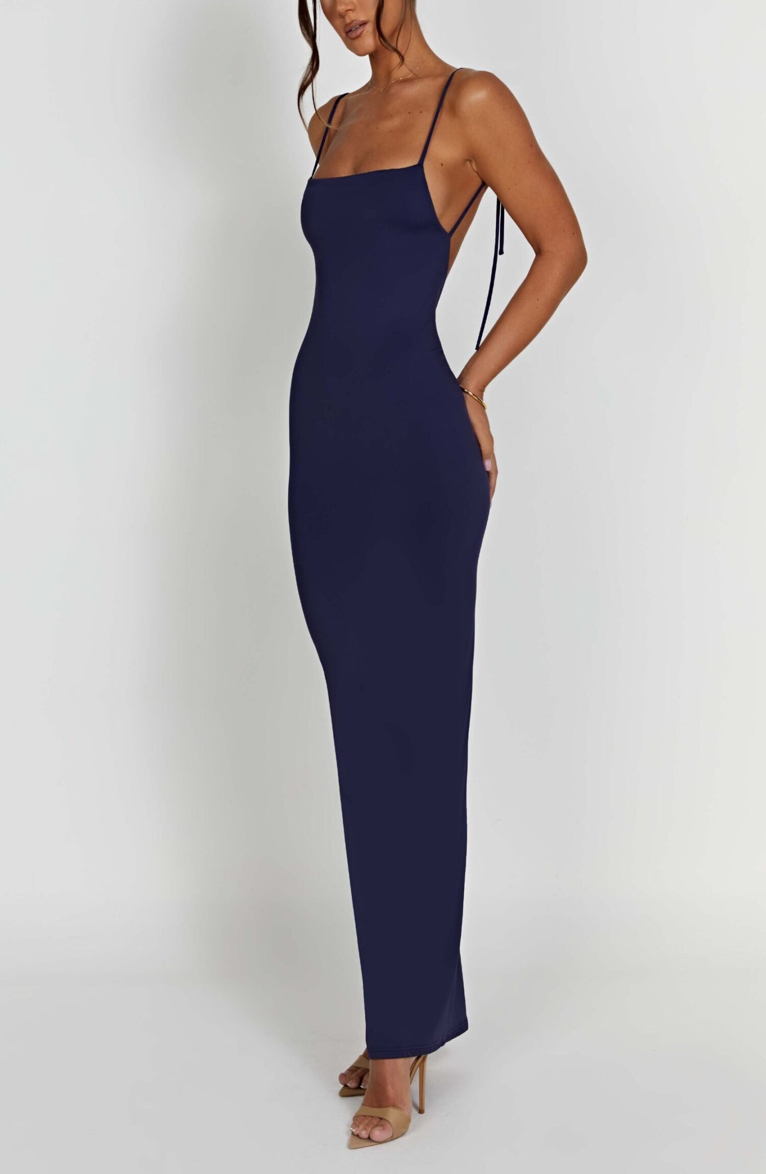 Sanya Maxi Dress Navy - Feminine, Cinching, Low Back, Tie Straps - Image 8
