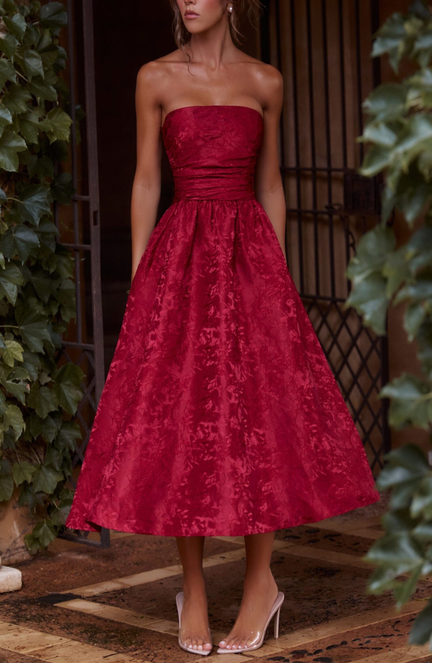 Saoirse Red Floral Jacquard Strapless Midi Dress - Image 8