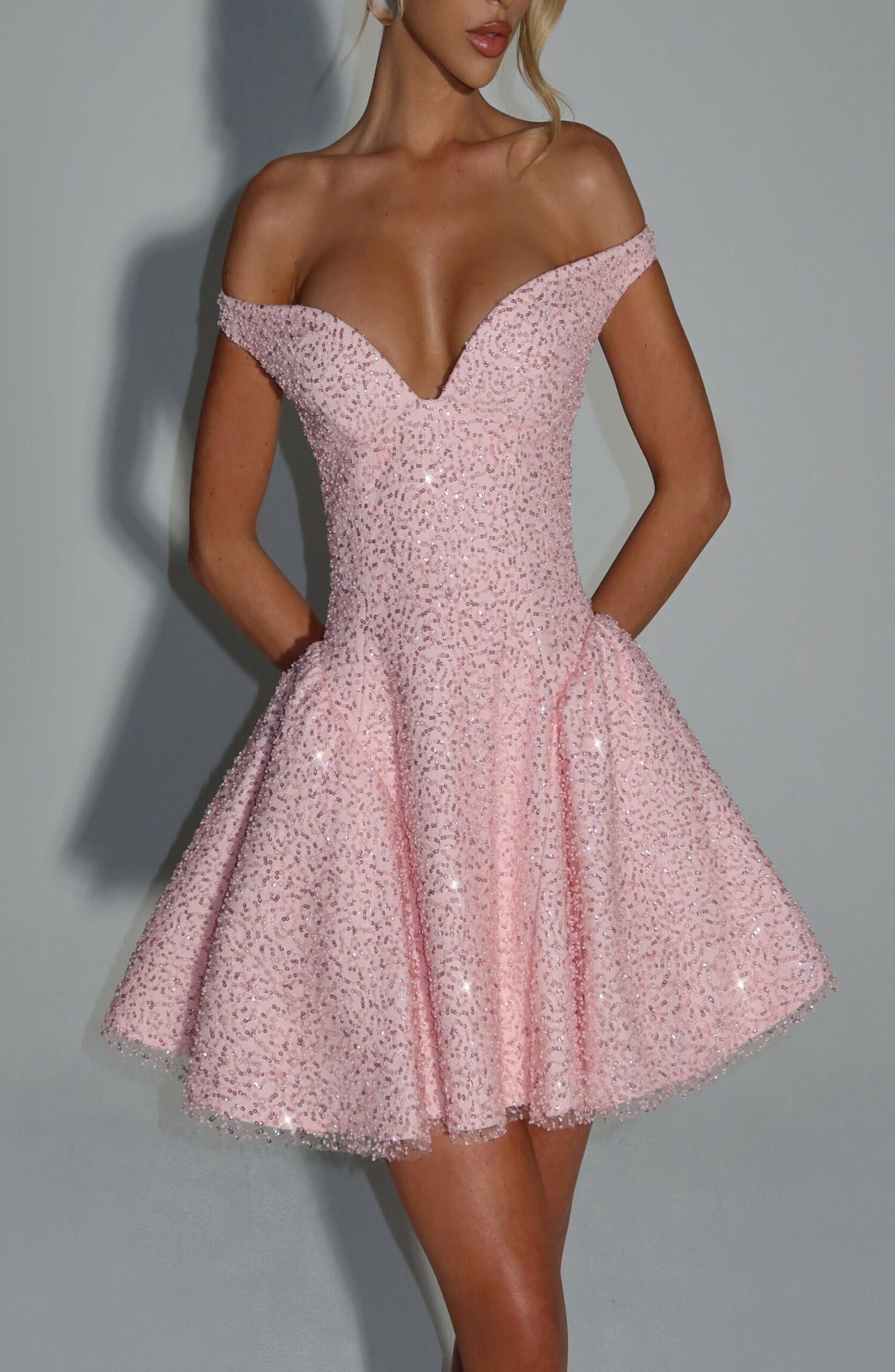Sapphire Blush Mini Dress Bardot Neckline Godet Skirt - Image 3