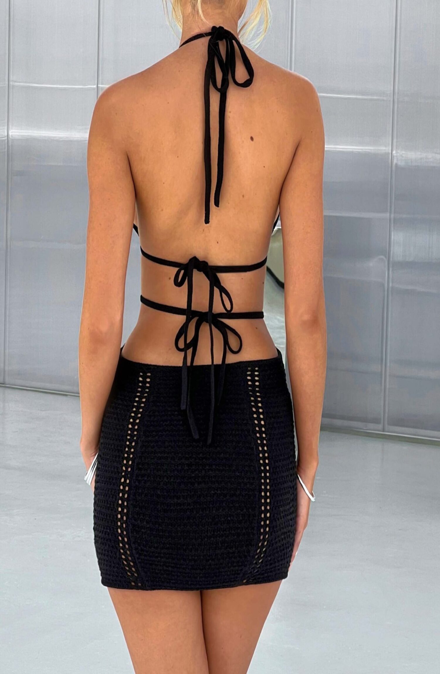 Selena Black Crochet Knit Plunge Backless Mini Dress - Image 2