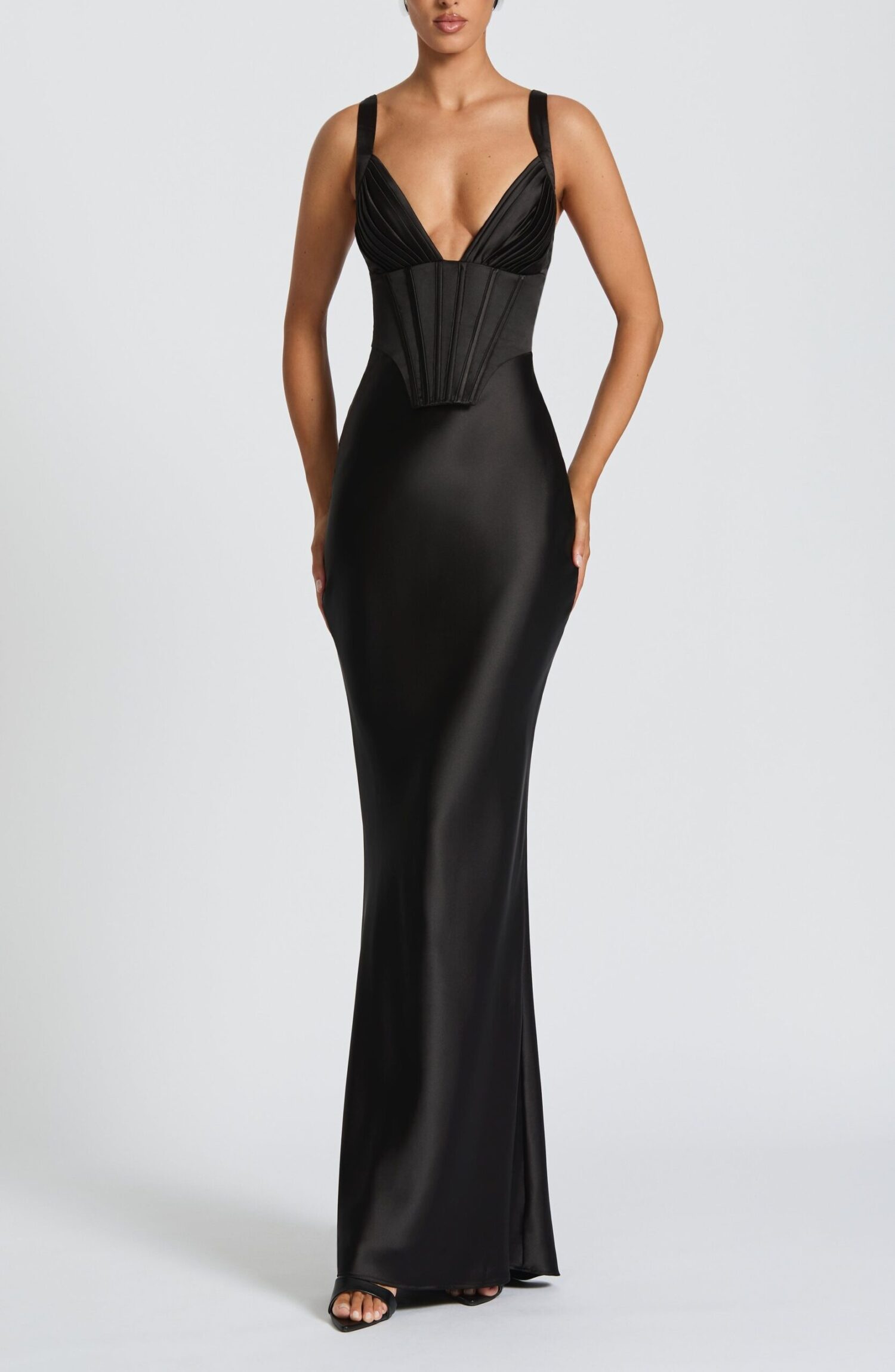 Shae Black Satin Maxi Dress - Plunge Neck, Lace Up Back - Image 2
