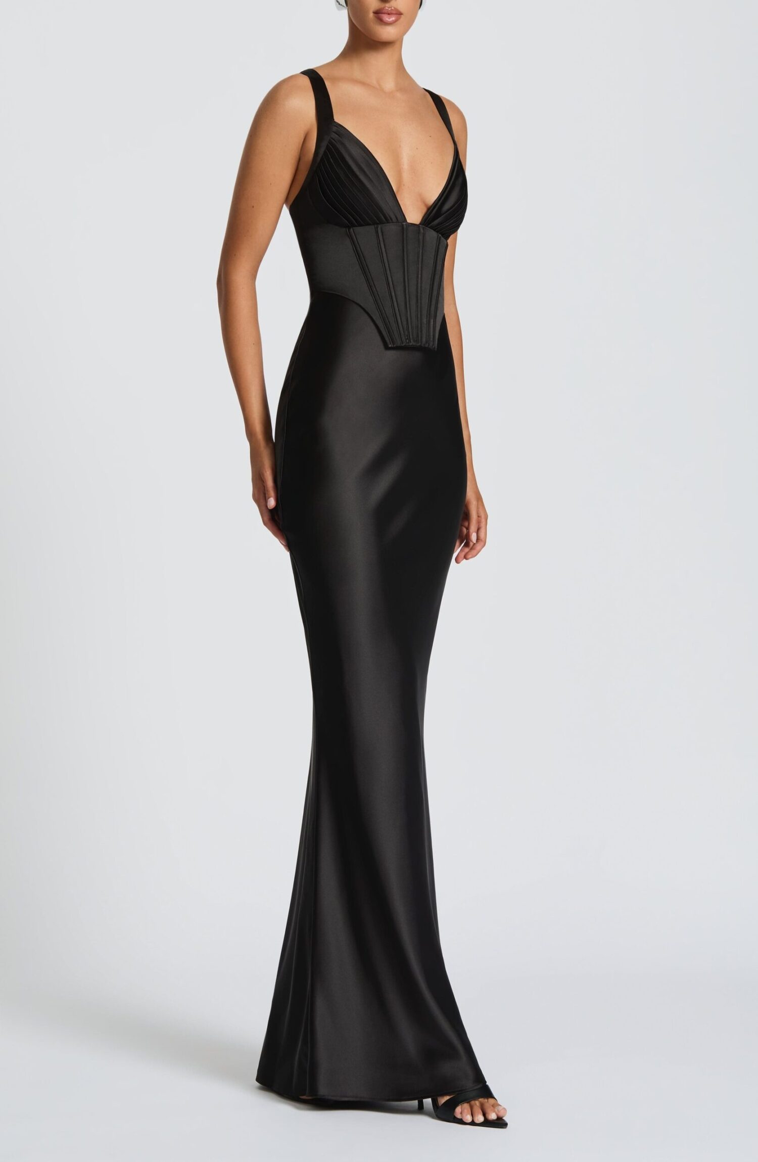 Shae Black Satin Maxi Dress - Plunge Neck, Lace Up Back - Image 3
