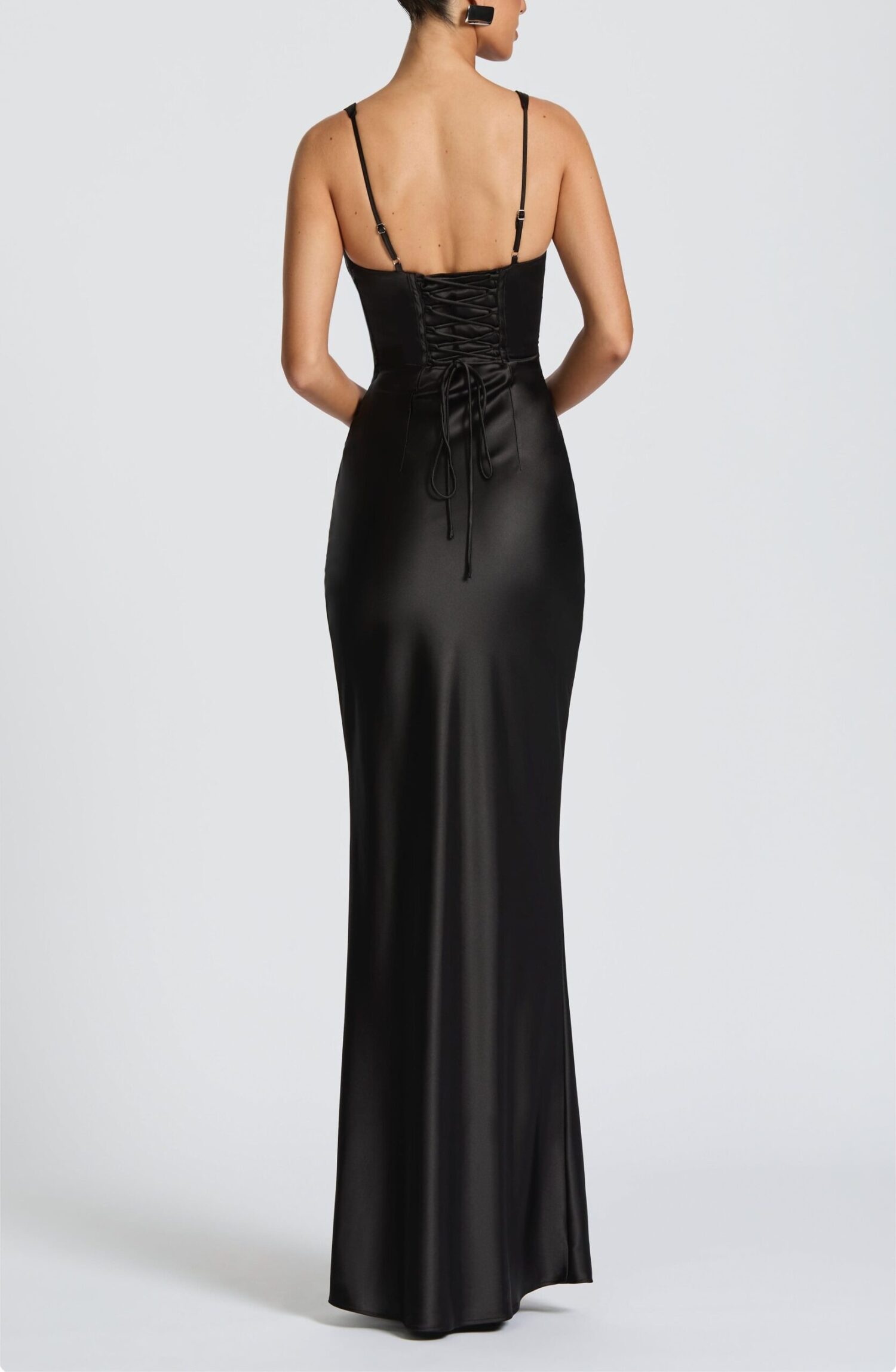 Shae Black Satin Maxi Dress - Plunge Neck, Lace Up Back - Image 4
