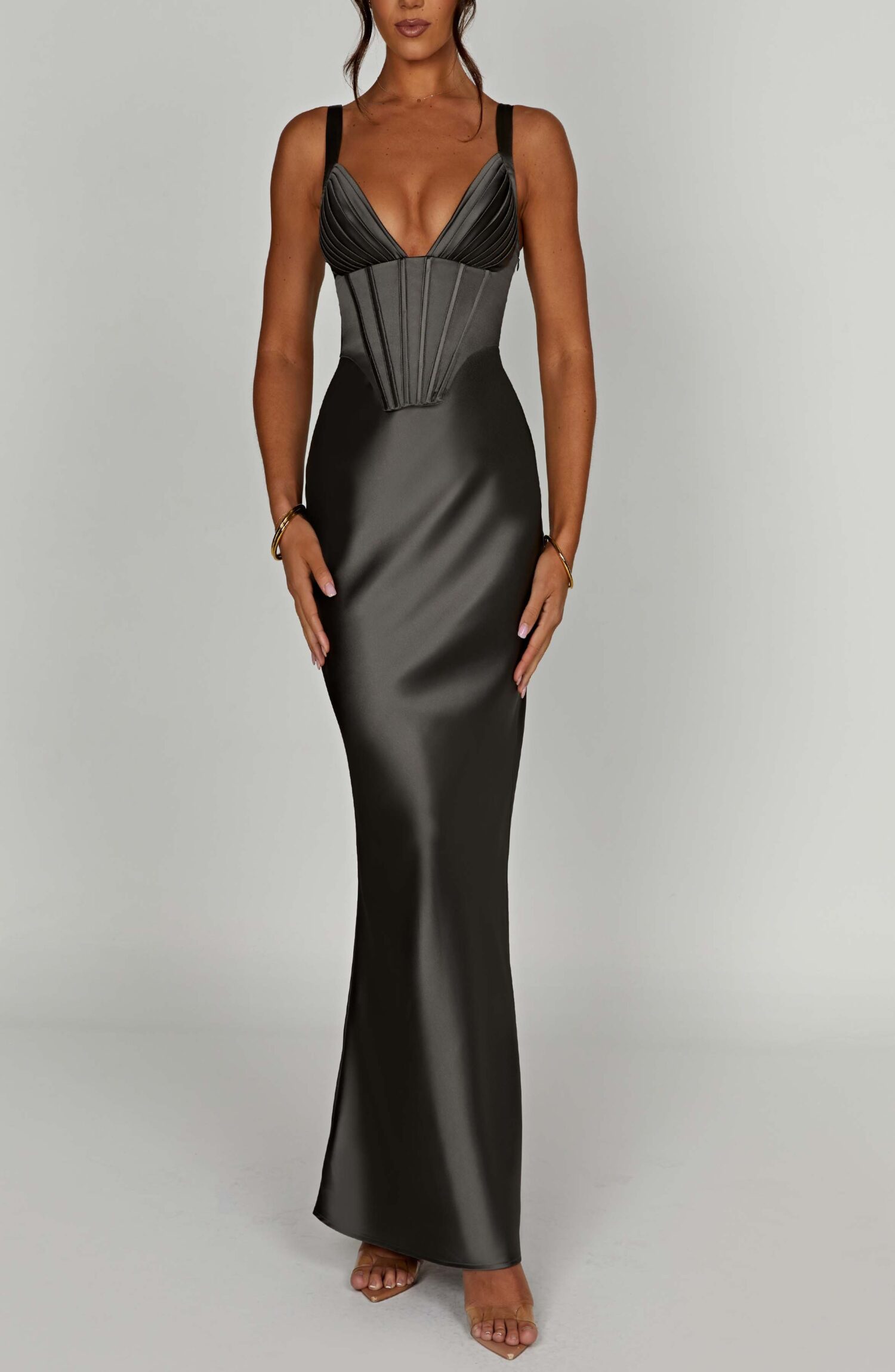 Shae Maxi Dress Charcoal - Premium Satin Corset Halter Fit & Flare - Image 10