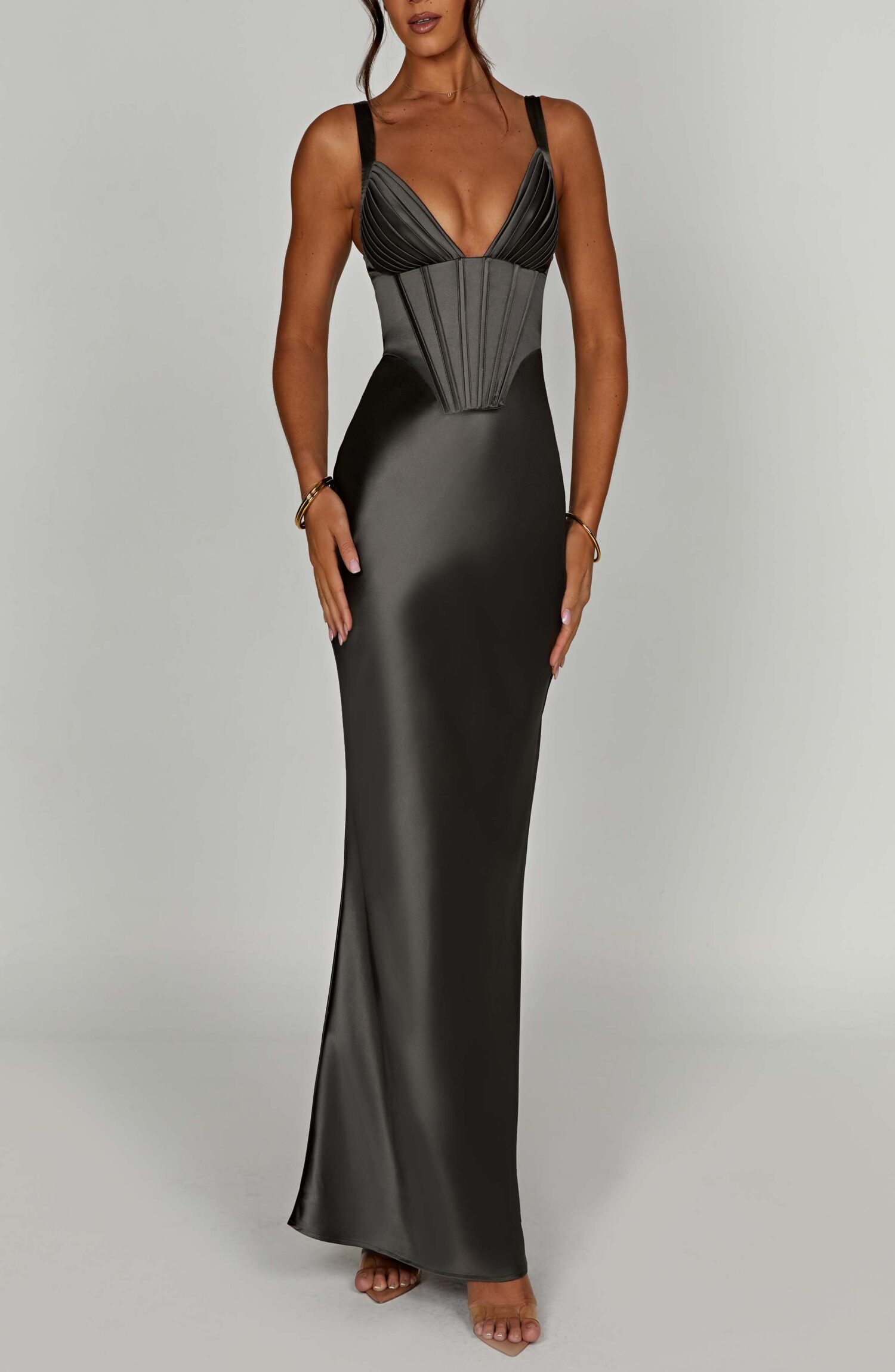 Shae Maxi Dress Charcoal - Premium Satin Corset Halter Fit & Flare - Image 9