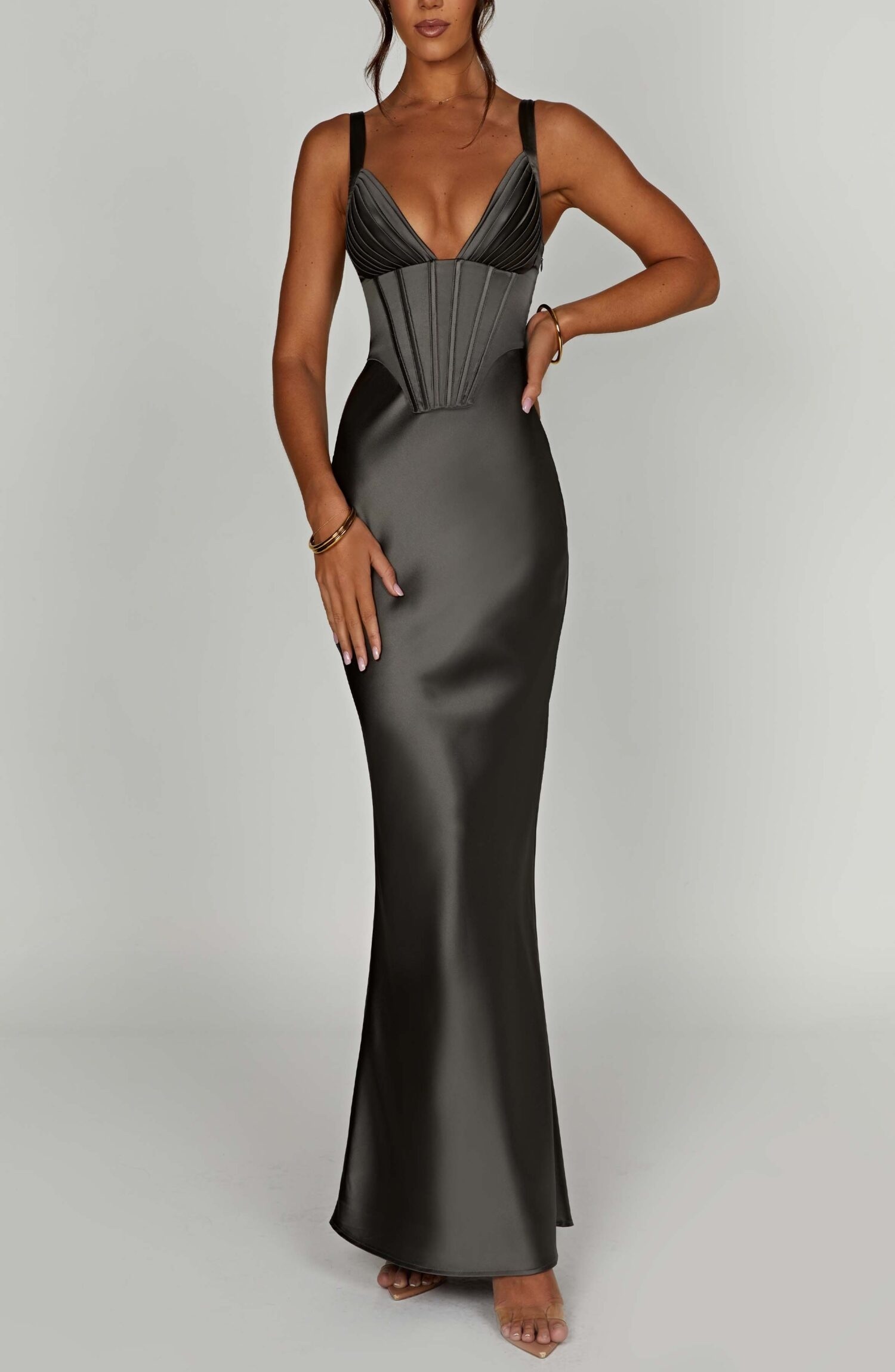 Shae Maxi Dress Charcoal - Premium Satin Corset Halter Fit & Flare - Image 11