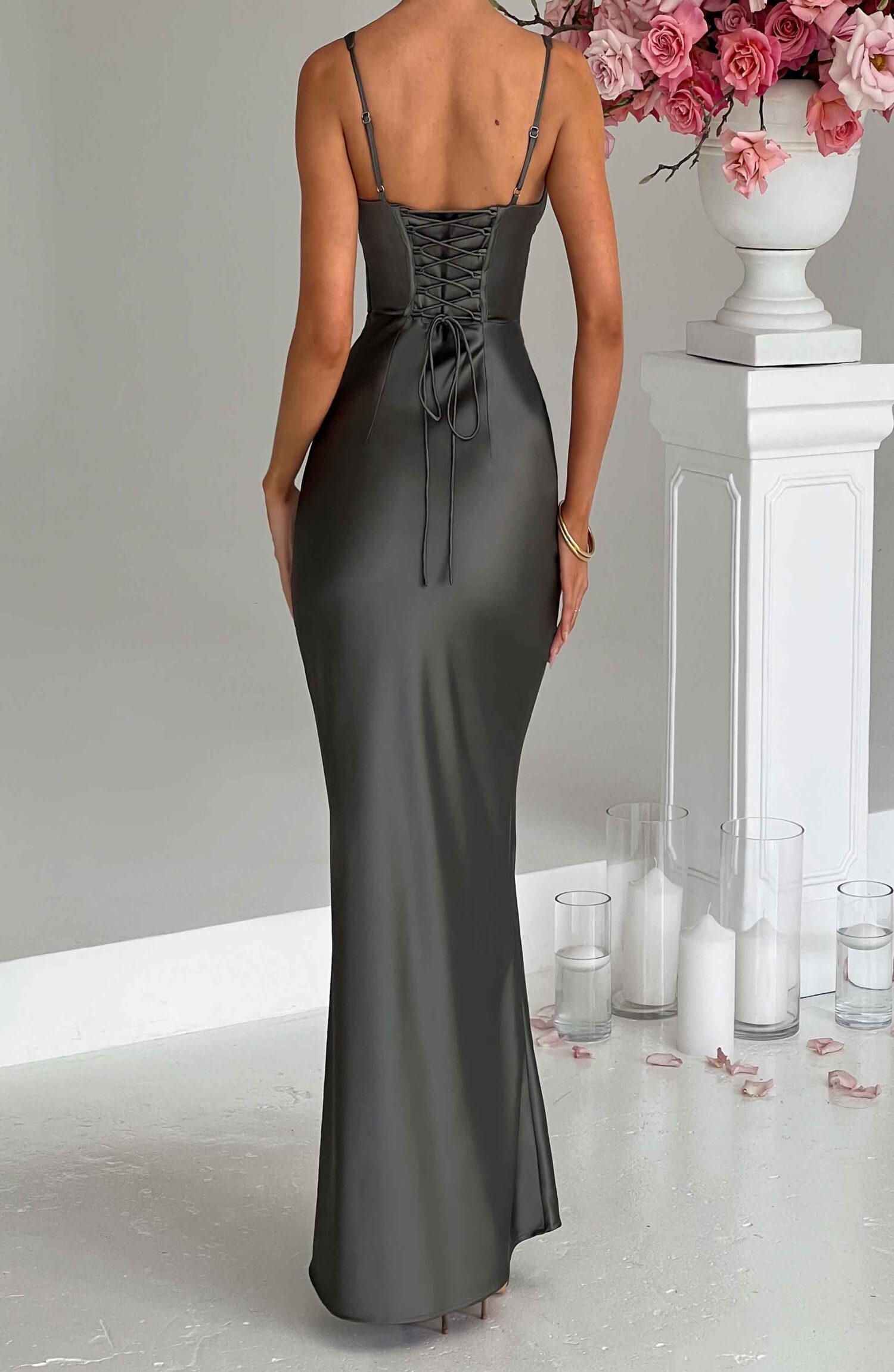 Shae Maxi Dress Charcoal - Premium Satin Corset Halter Fit & Flare - Image 2