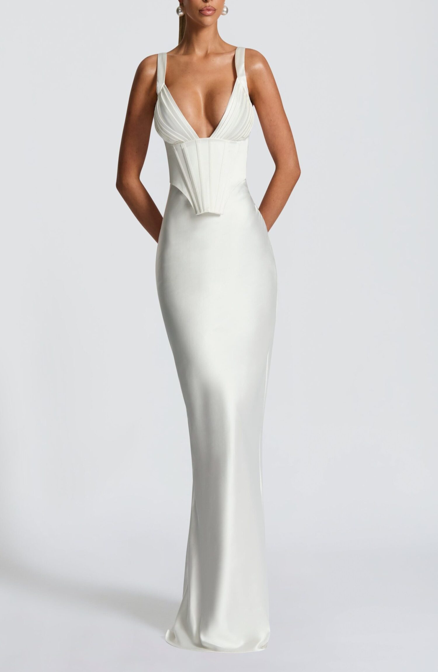Shae Maxi Dress Ivory Plunge Neckline Lace-Up Corset Satin Gown