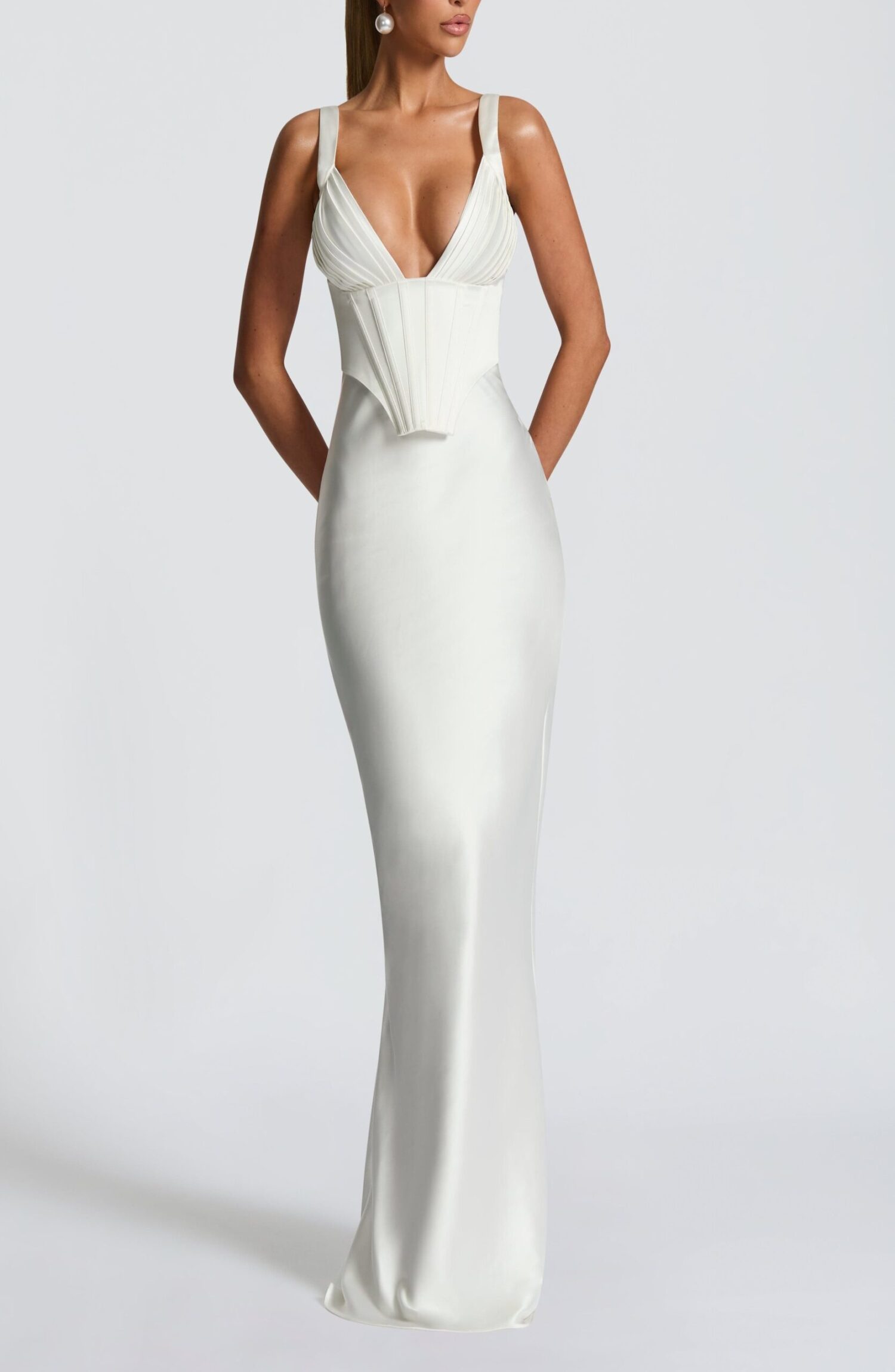 Shae Maxi Dress Ivory Plunge Neckline Lace-Up Corset Satin Gown - Image 5
