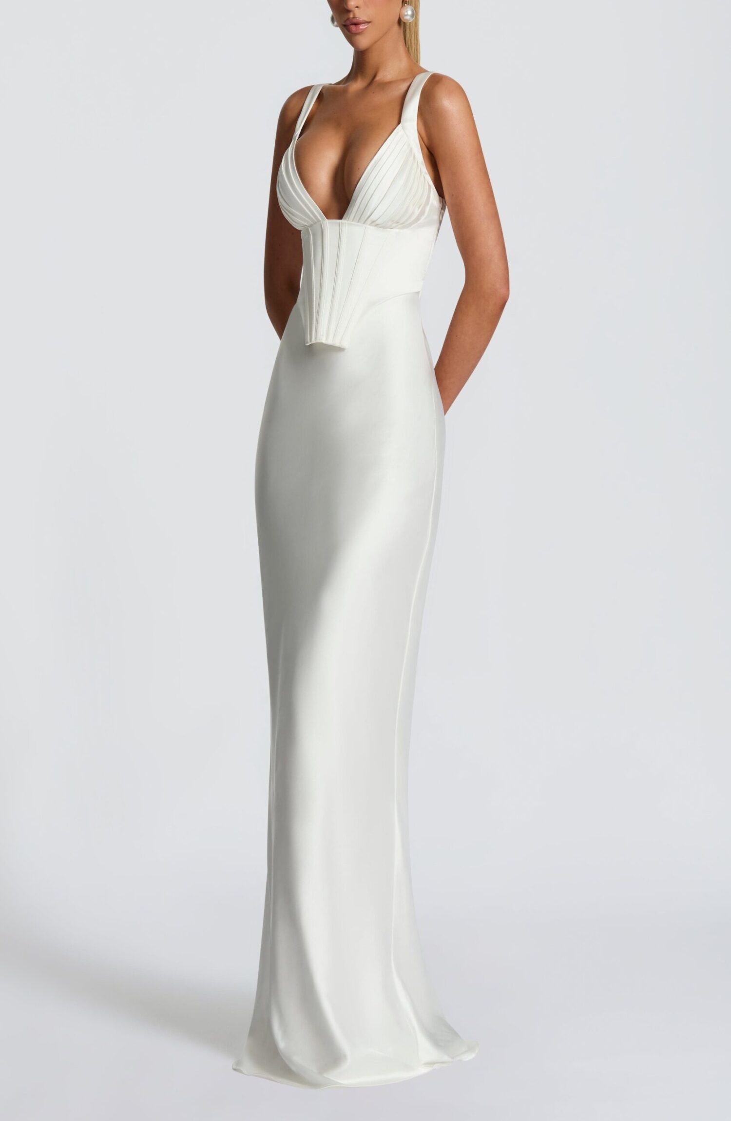 Shae Maxi Dress Ivory Plunge Neckline Lace-Up Corset Satin Gown - Image 3