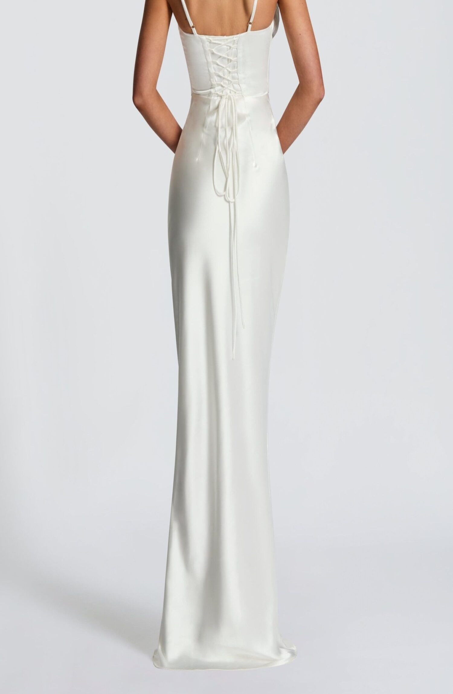 Shae Maxi Dress Ivory Plunge Neckline Lace-Up Corset Satin Gown - Image 2