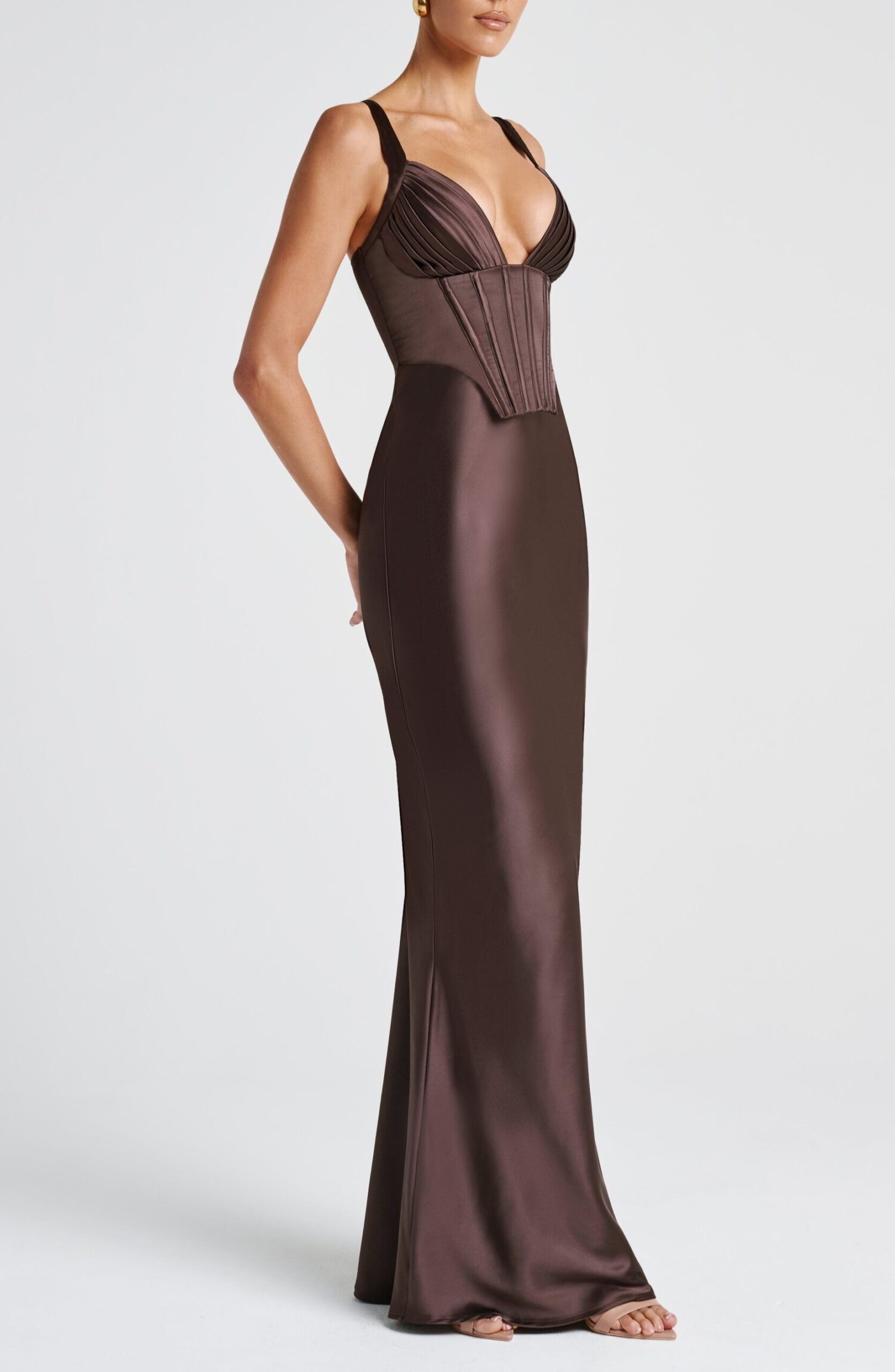 Shae Maxi Dress Plum Brown Satin Lace-Up Corset Elegant Evening Gown - Image 4