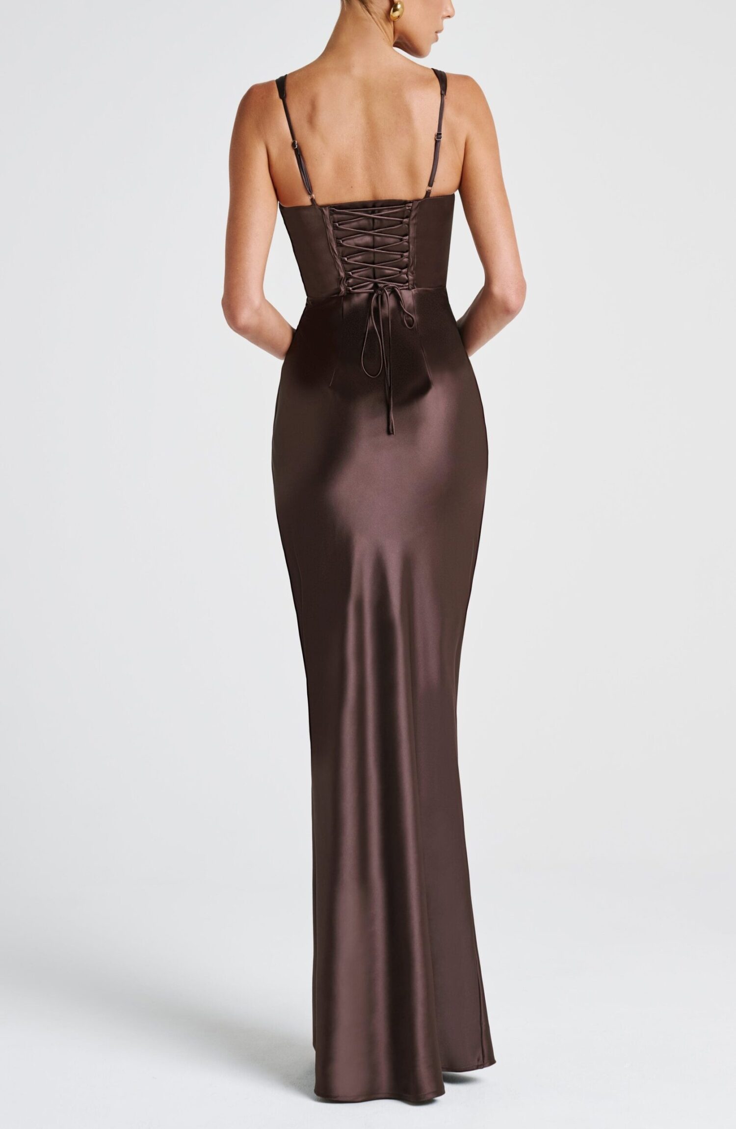 Shae Maxi Dress Plum Brown Satin Lace-Up Corset Elegant Evening Gown - Image 3