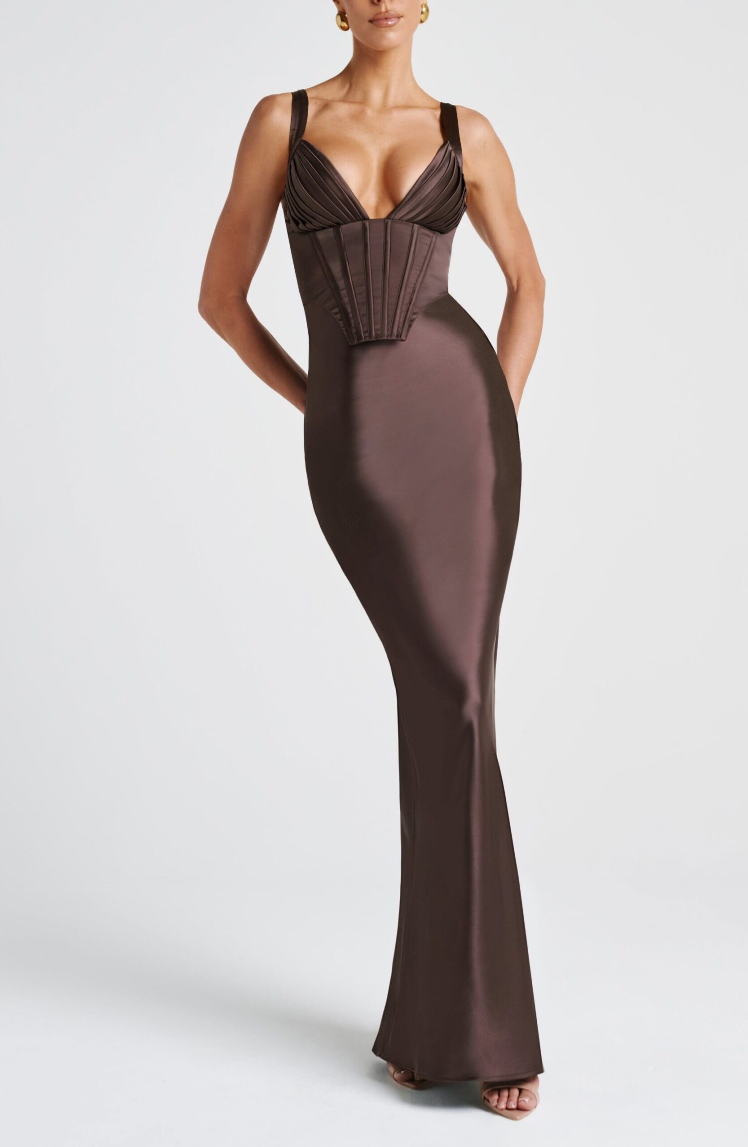 Shae Maxi Dress Plum Brown Satin Lace-Up Corset Elegant Evening Gown - Image 7