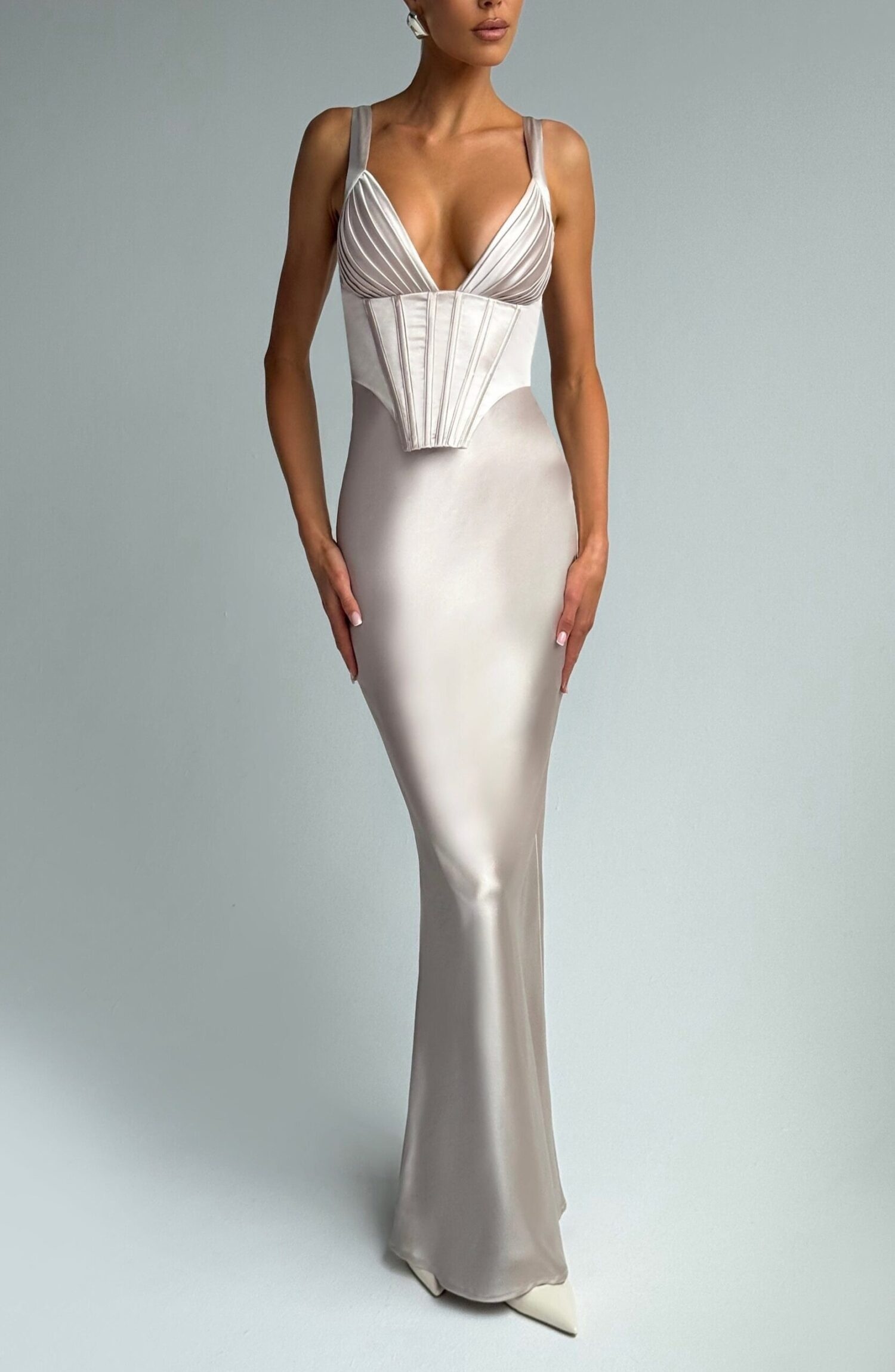 Shae Maxi Dress Shell Satin Pleated Cups Lace Up Corset Elegant Formal - Image 4