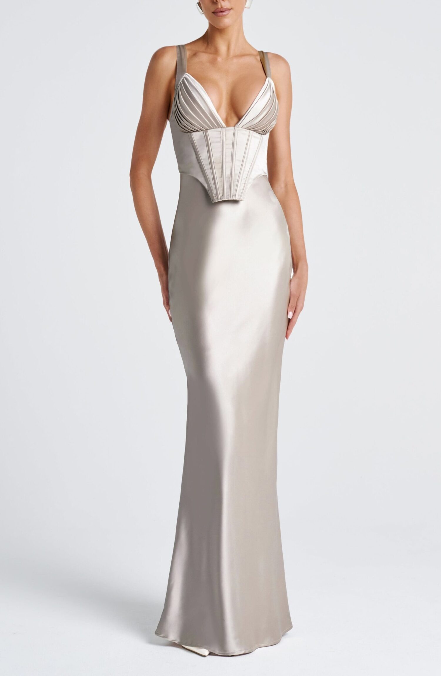 Shae Maxi Dress Shell Satin Pleated Cups Lace Up Corset Elegant Formal - Image 10