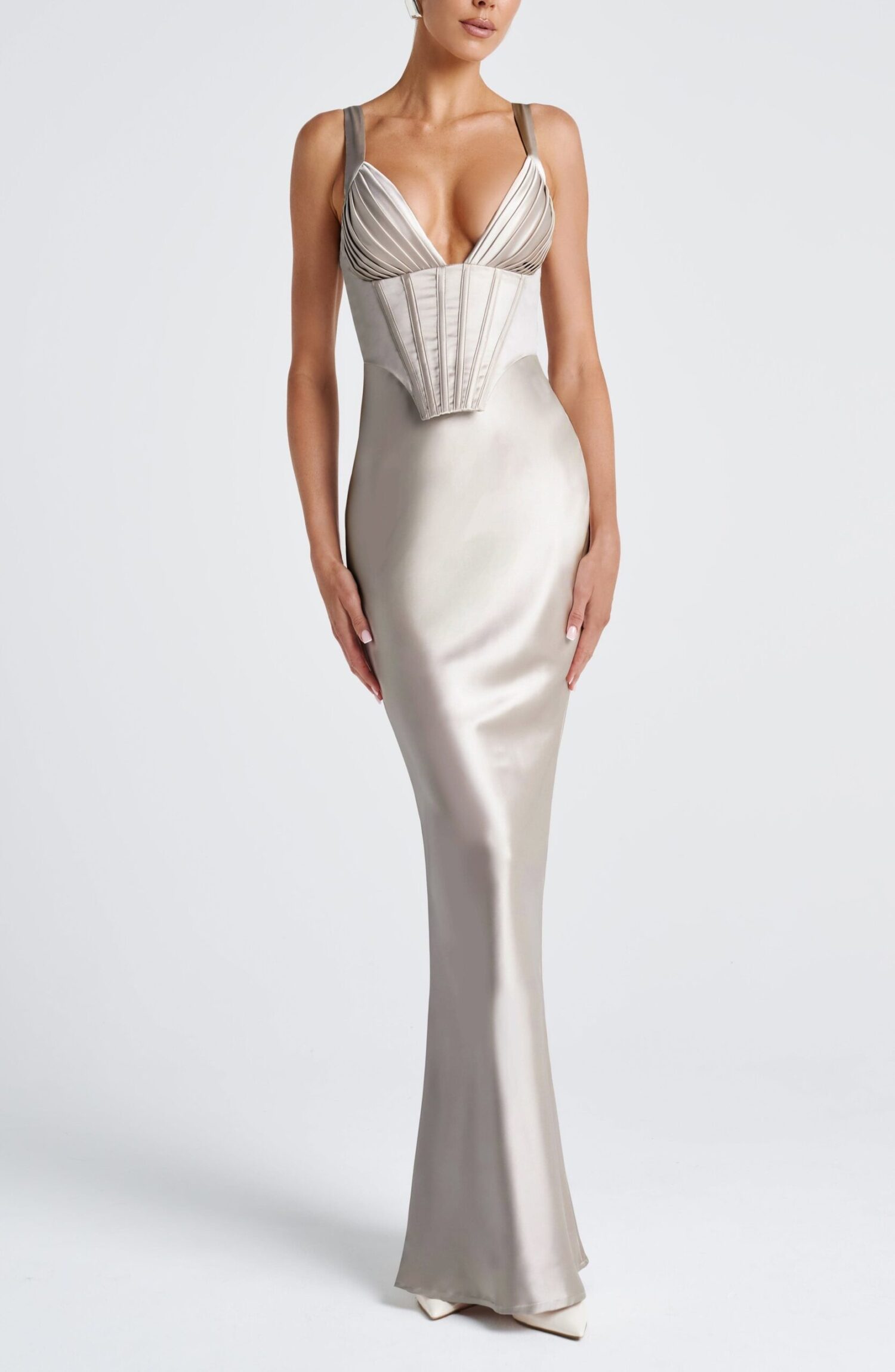 Shae Maxi Dress Shell Satin Pleated Cups Lace Up Corset Elegant Formal - Image 9