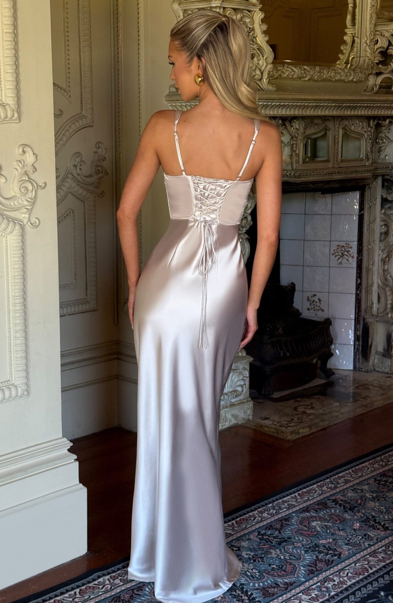 Shae Maxi Dress Shell Satin Pleated Cups Lace Up Corset Elegant Formal - Image 3