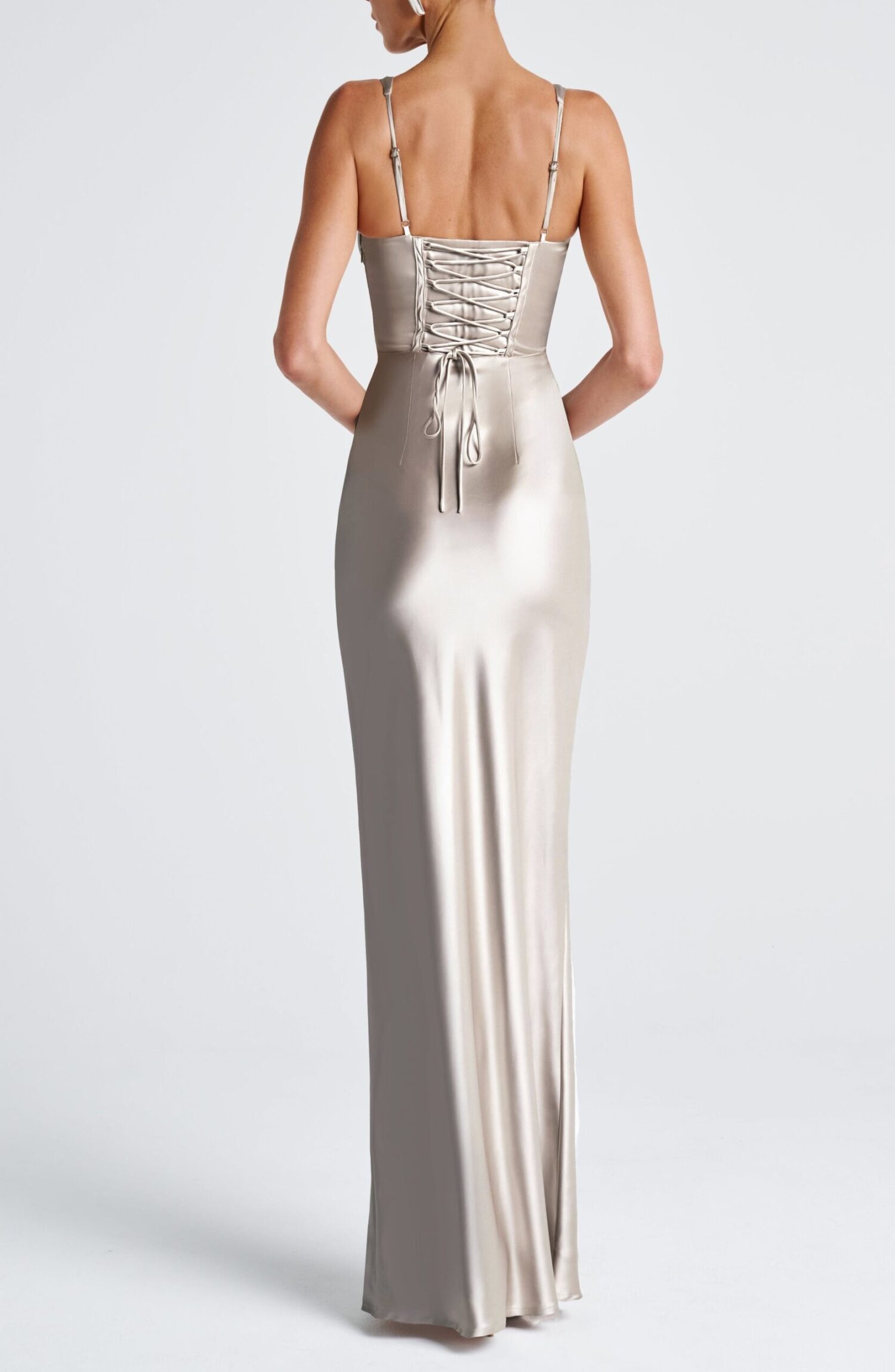 Shae Maxi Dress Shell Satin Pleated Cups Lace Up Corset Elegant Formal - Image 5