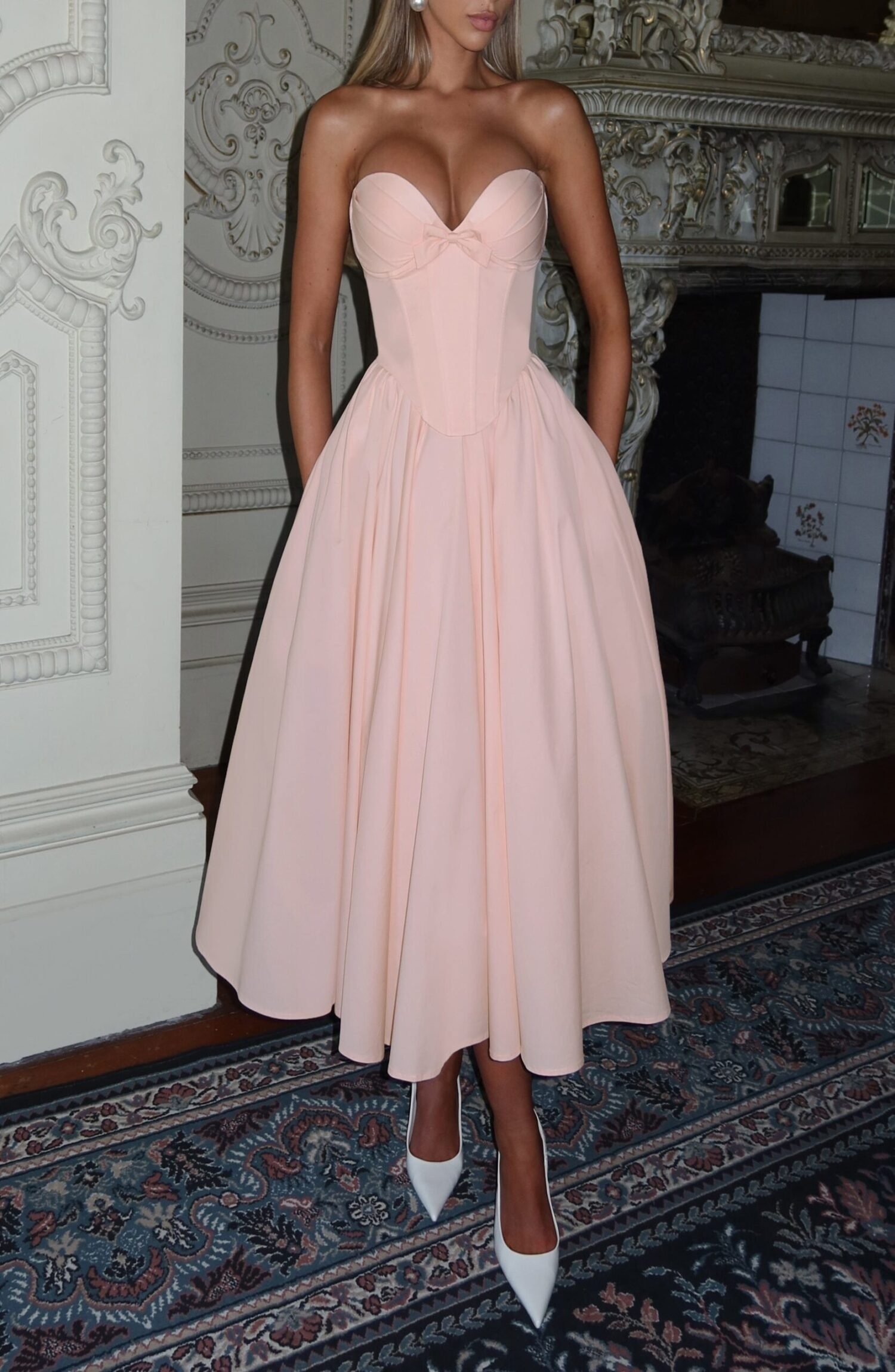 Soft Peach Strapless Sweetheart Midi Dress with Lace-Up Back - Image 6