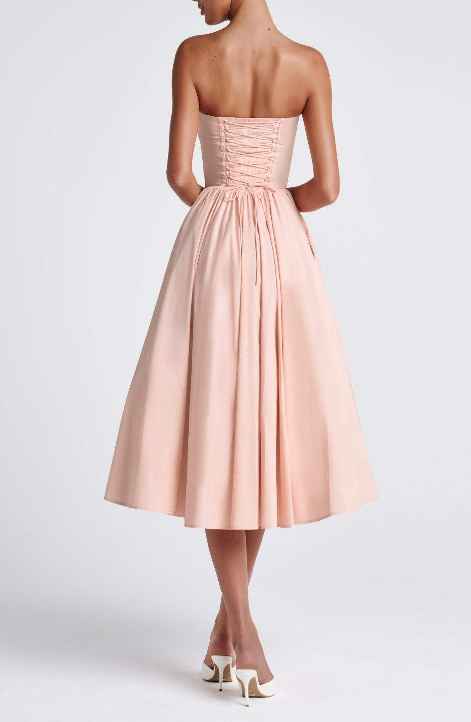 Soft Peach Strapless Sweetheart Midi Dress with Lace-Up Back - Image 3