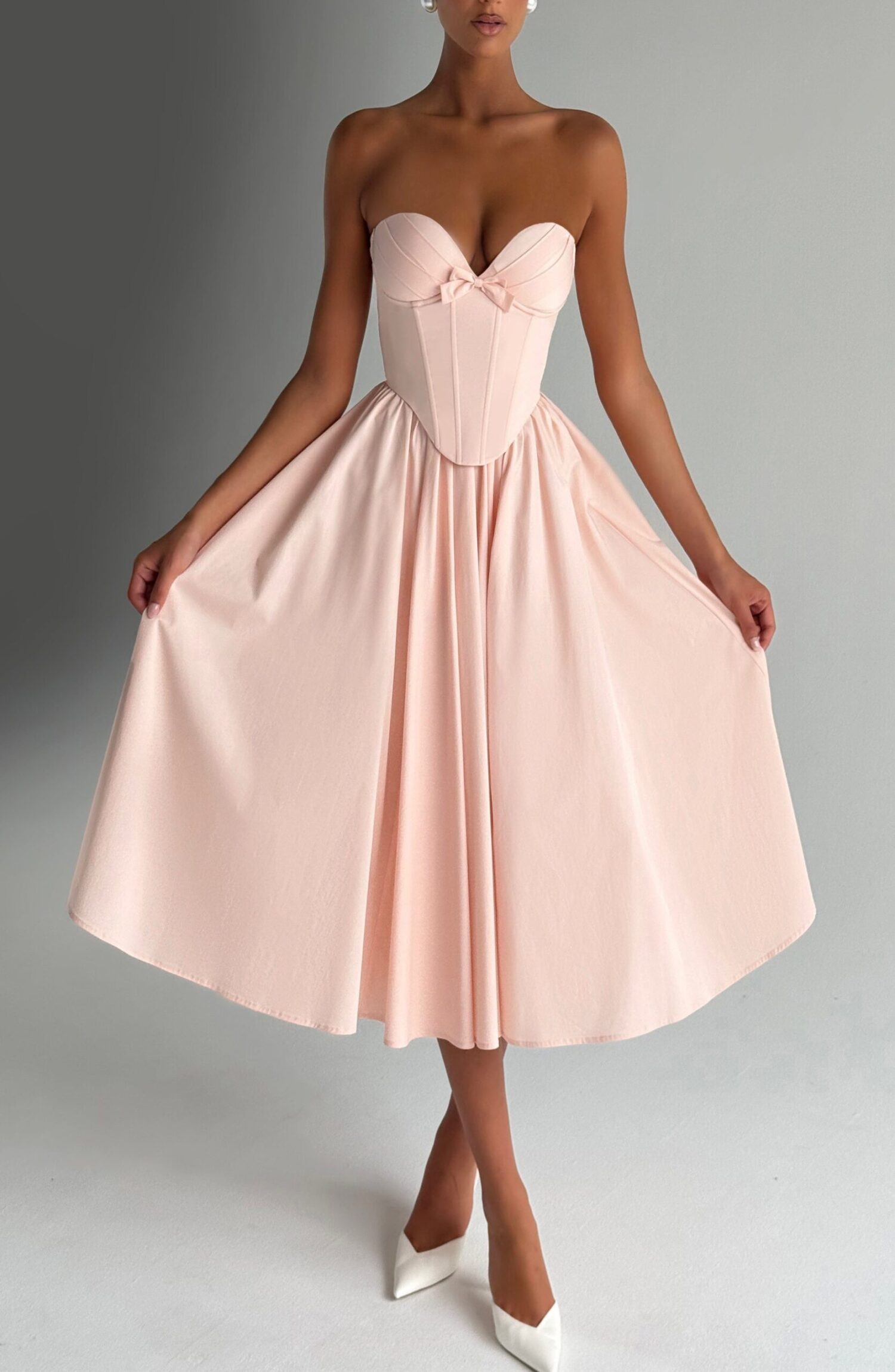 Soft Peach Strapless Sweetheart Midi Dress with Lace-Up Back - Image 5