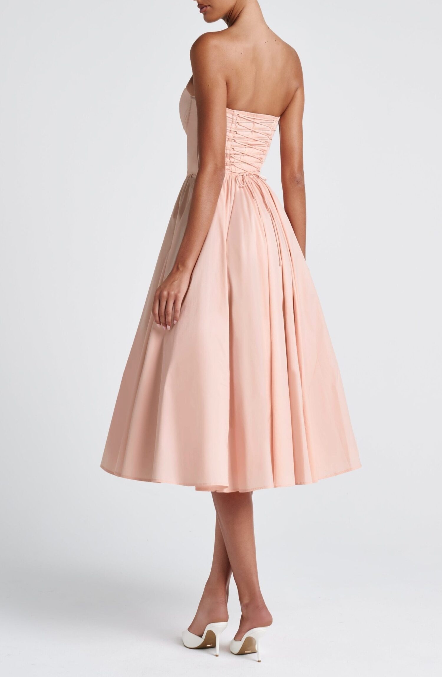 Soft Peach Strapless Sweetheart Midi Dress with Lace-Up Back - Image 8