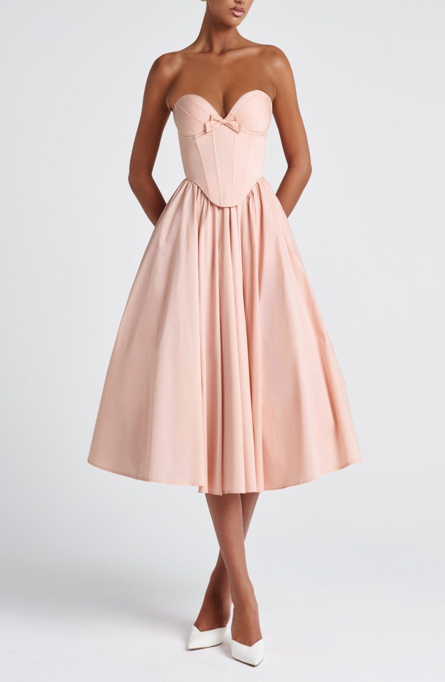 Soft Peach Strapless Sweetheart Midi Dress with Lace-Up Back - Image 9