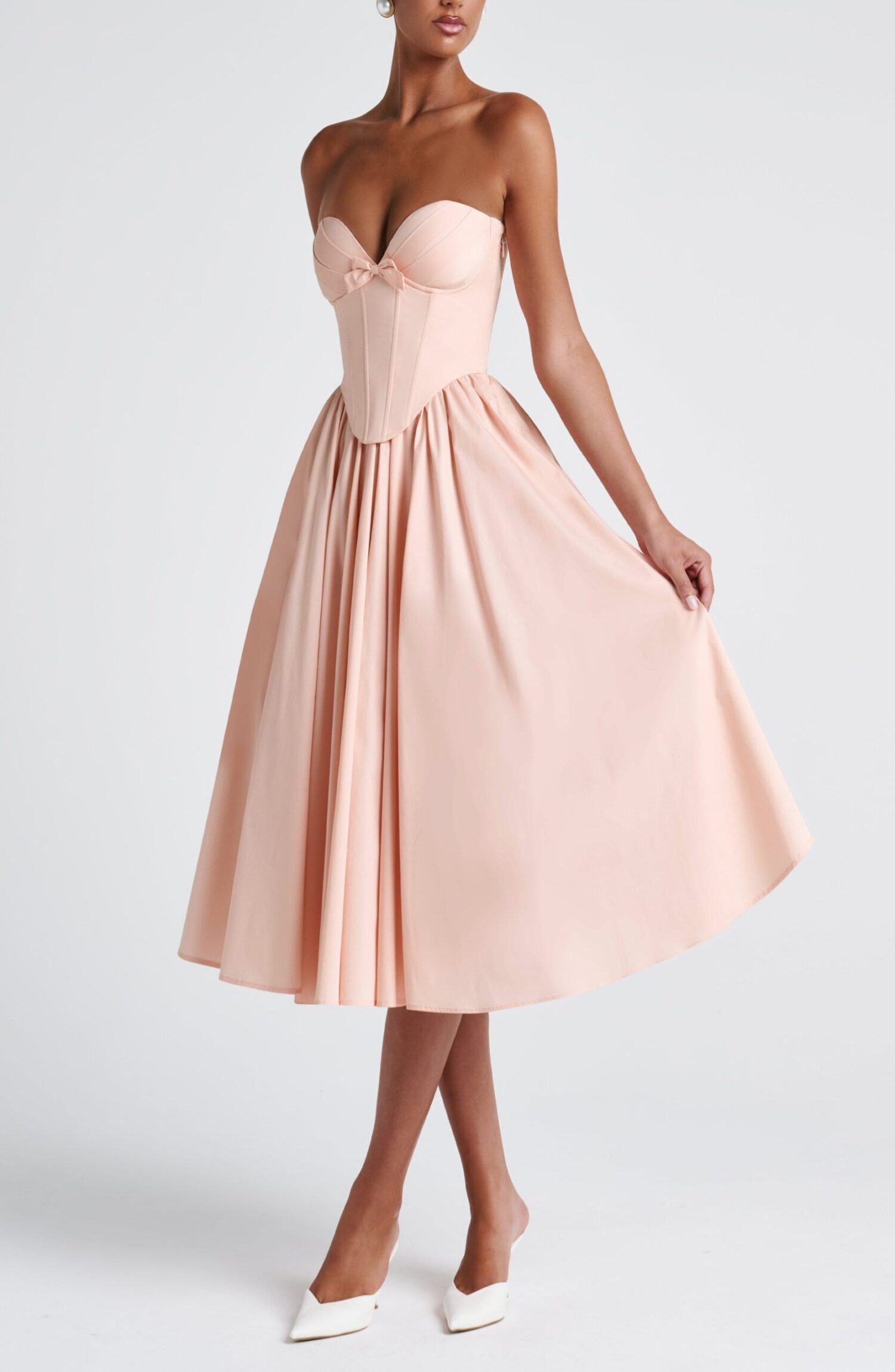 Soft Peach Strapless Sweetheart Midi Dress with Lace-Up Back - Image 2
