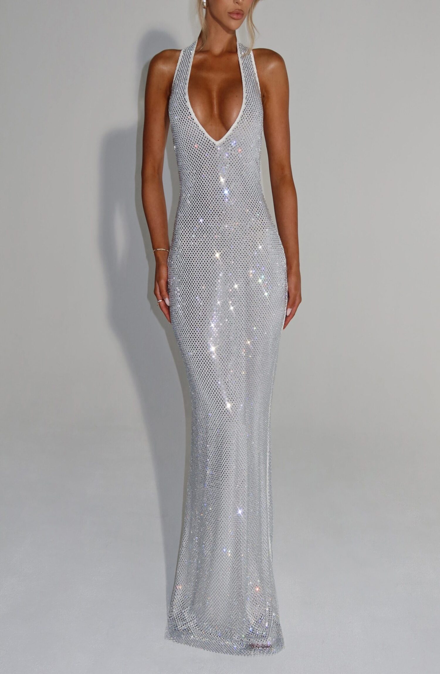 Starla Maxi Dress Ivory Rhinestone Halter Neck Stretch Net Embellished Gown - Image 4