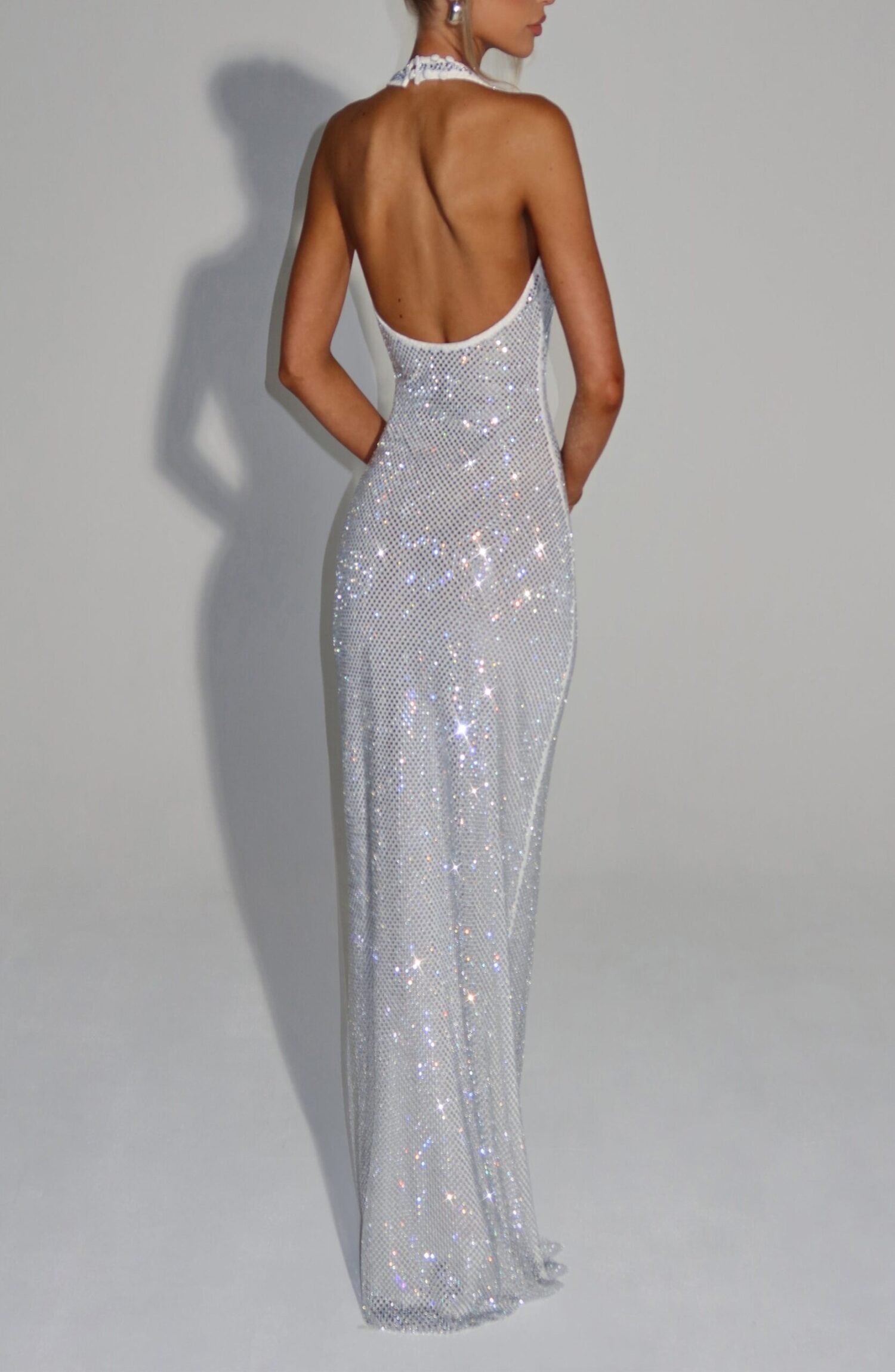 Starla Maxi Dress Ivory Rhinestone Halter Neck Stretch Net Embellished Gown - Image 2