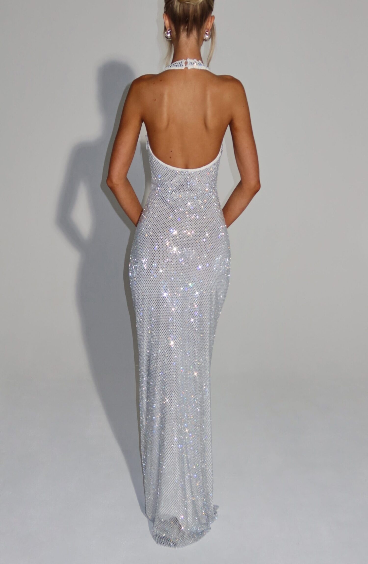 Starla Maxi Dress Ivory Rhinestone Halter Neck Stretch Net Embellished Gown - Image 6