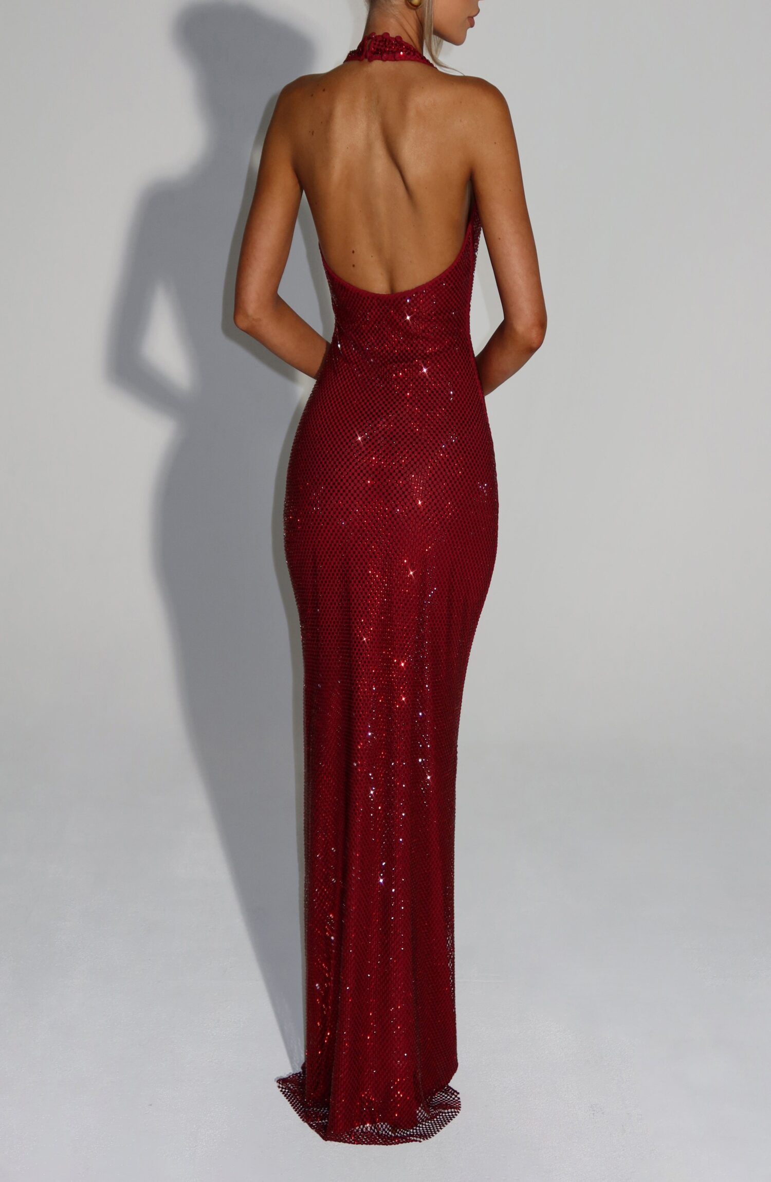 Starla Maxi Dress Wine Halter Neck Rhinestone Embellished Figure Hugging - Image 3