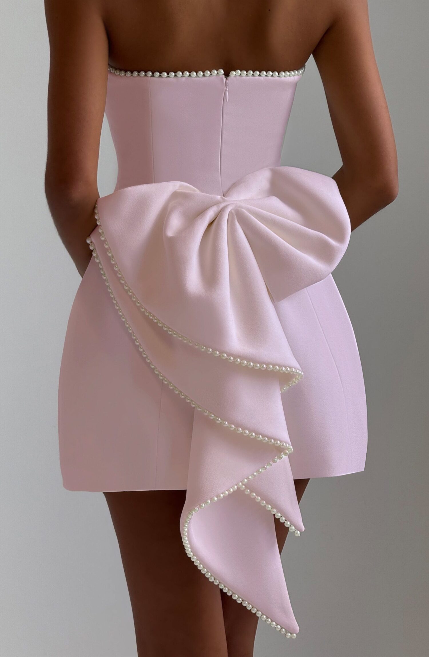 Suni Mini Dress Blush Pearl Trim Strapless Bubble Skirt Bow Detail - Image 2