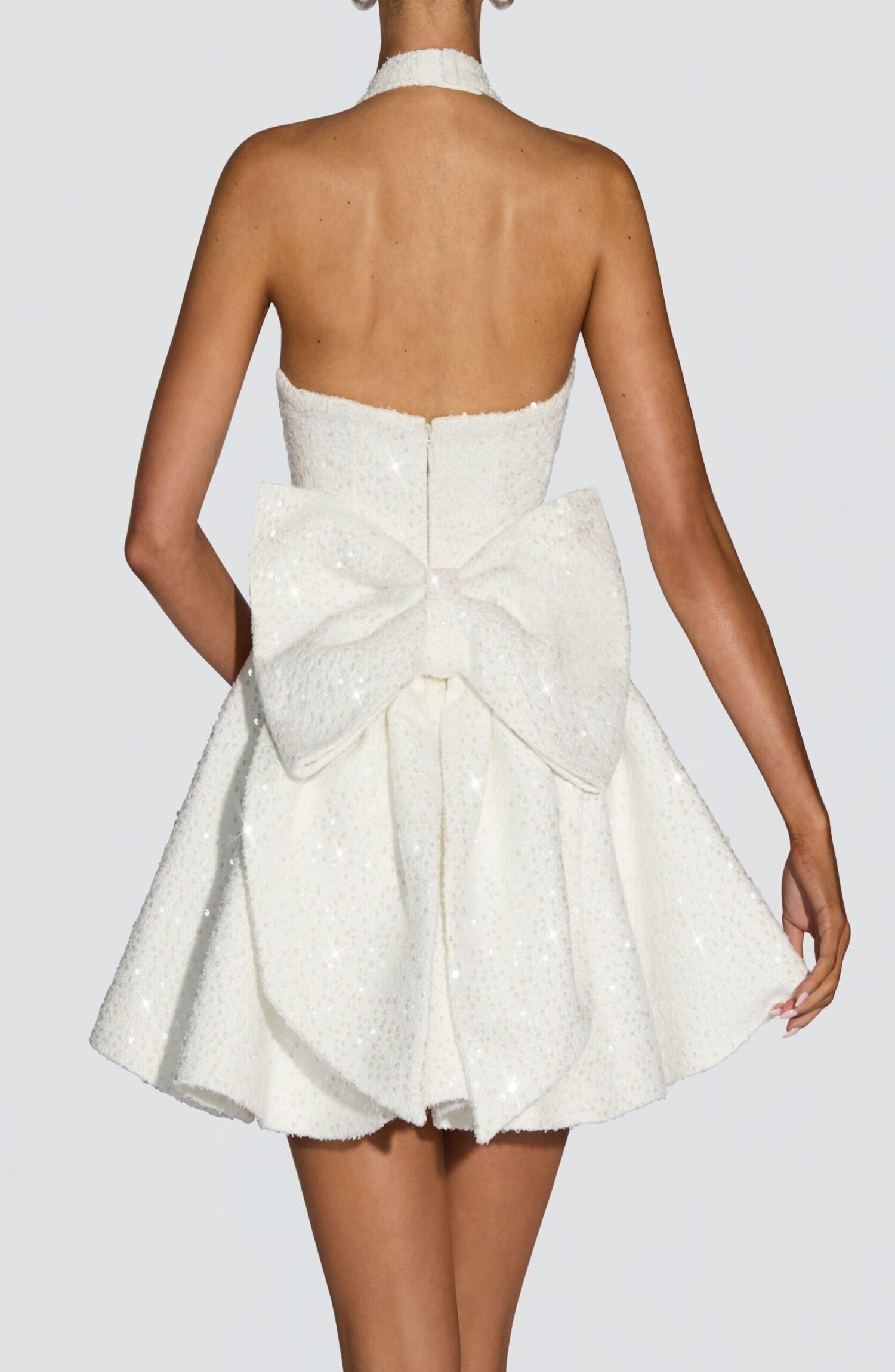 Talara Ivory Sequin Tweed Halter Mini Dress with Bow - Image 2