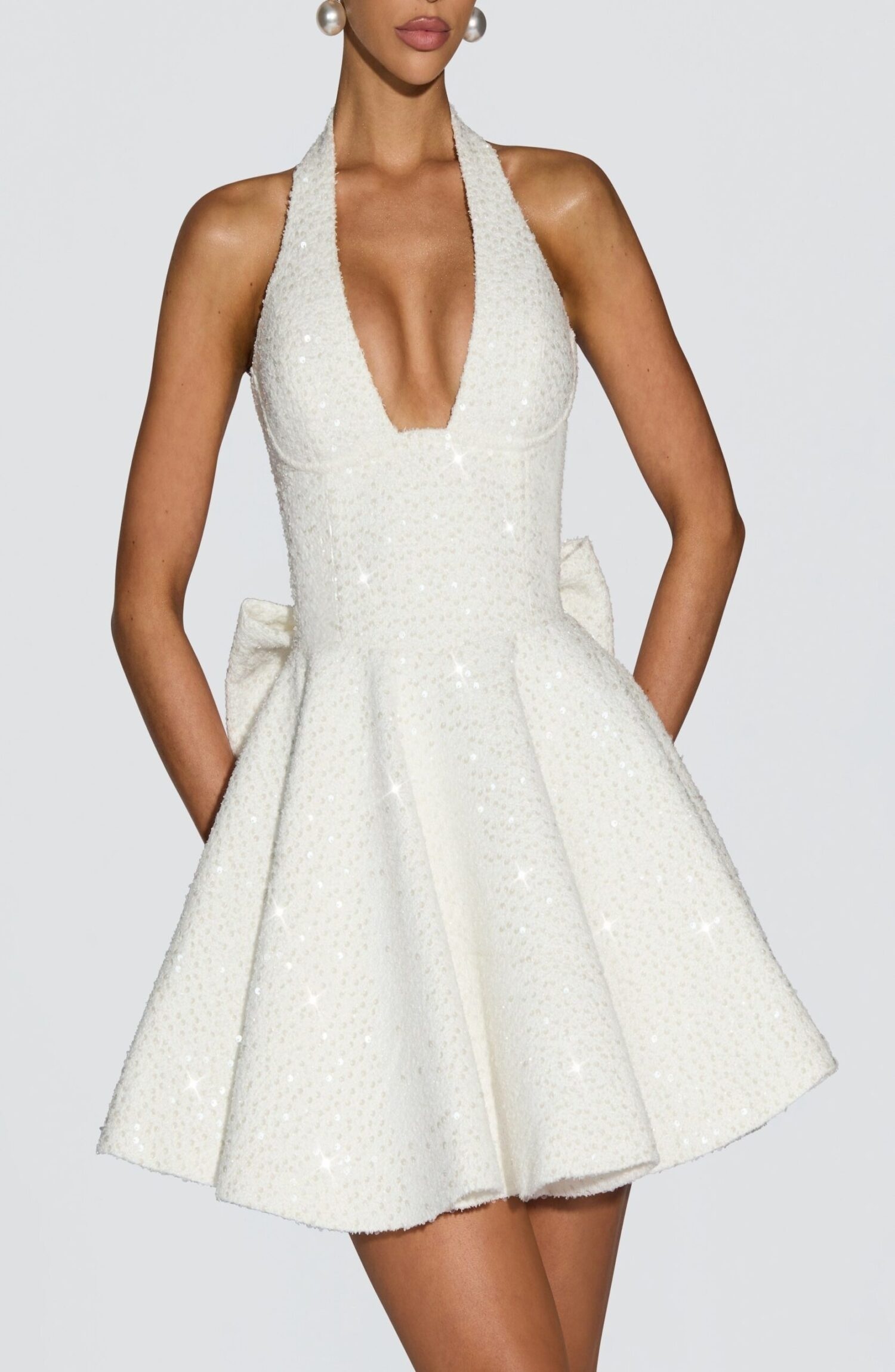 Talara Ivory Sequin Tweed Halter Mini Dress with Bow