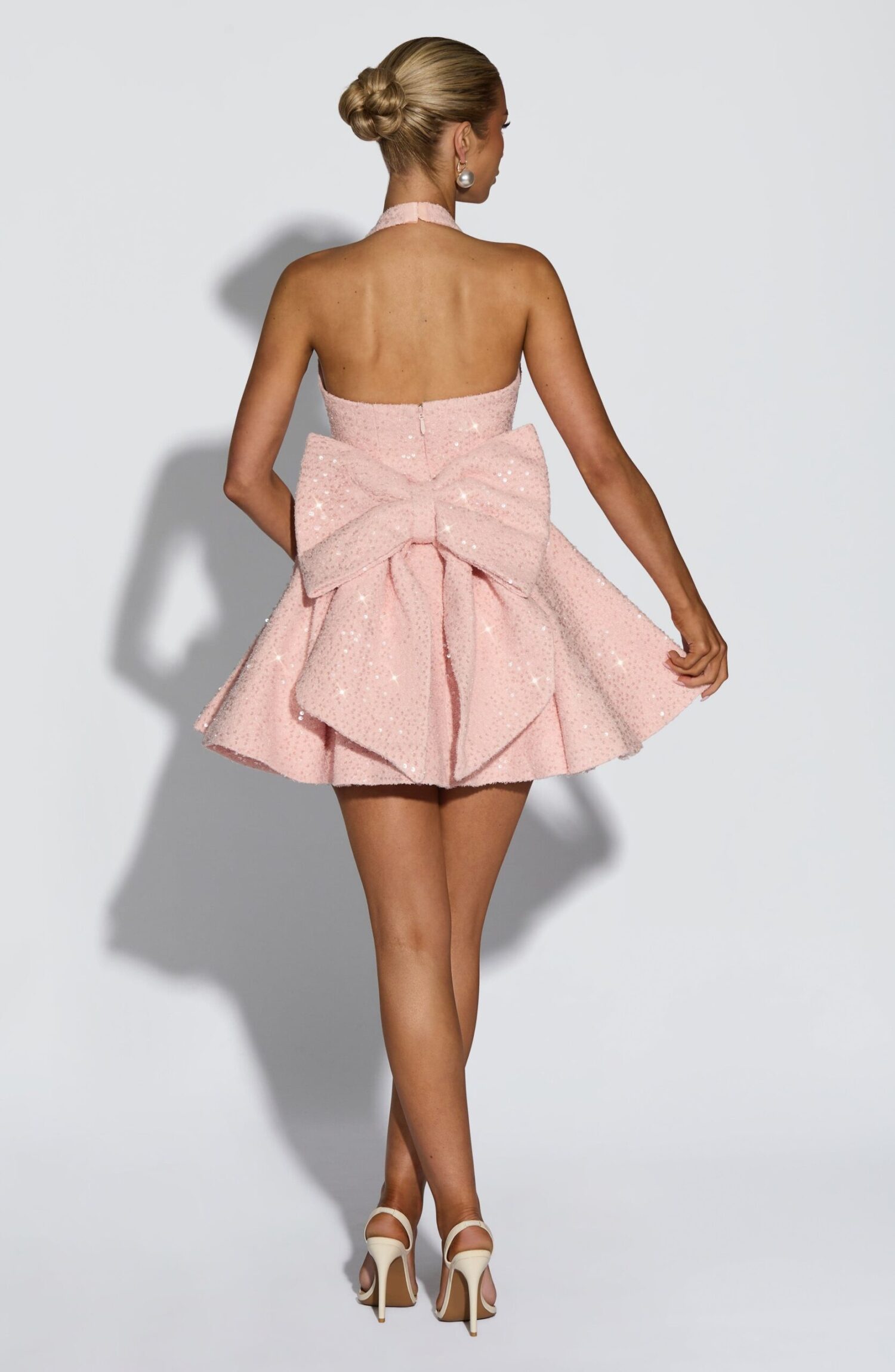 Talara Mini Dress Blush Sequin Tweed Halter Neck Bow - Image 6