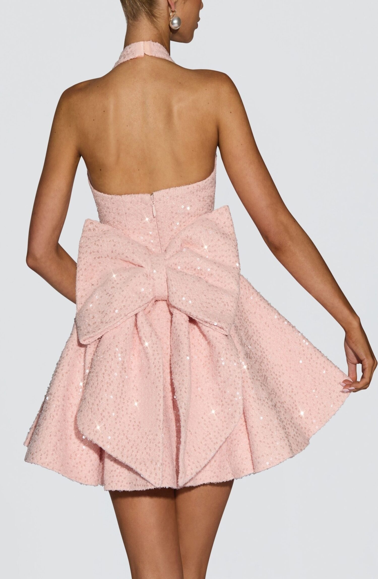 Talara Mini Dress Blush Sequin Tweed Halter Neck Bow - Image 2