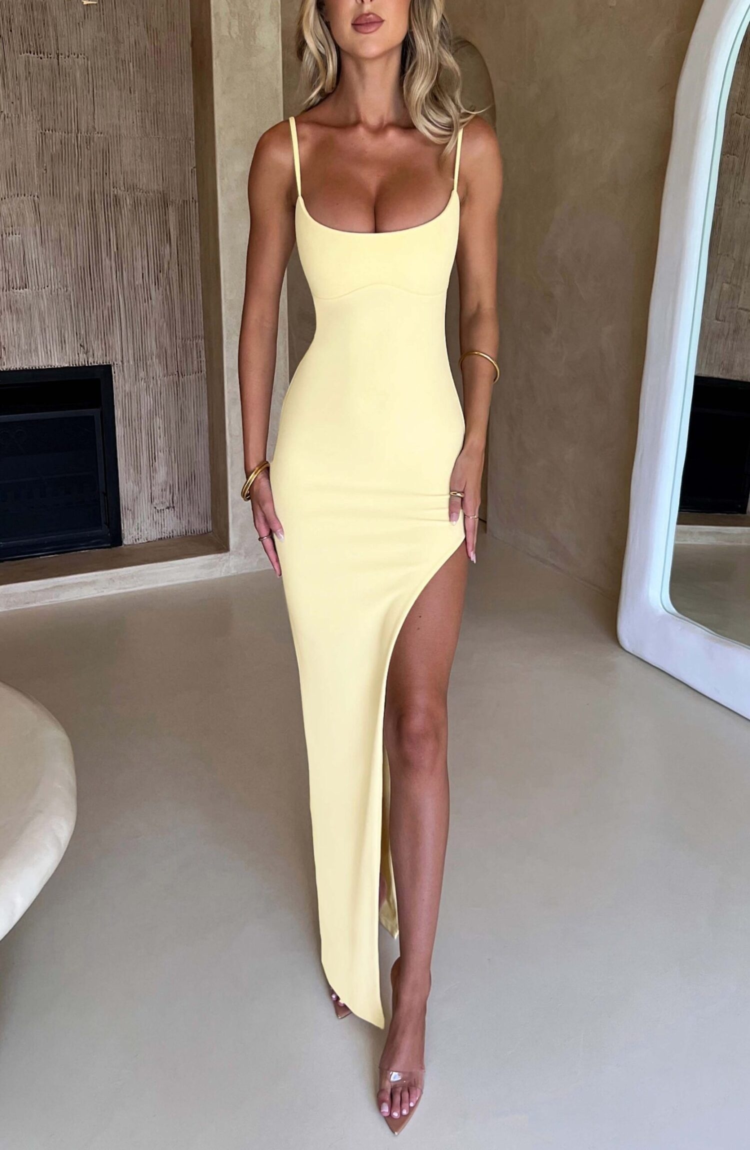 Tiarne Lemon Maxi Dress - Double Layered Crepe with Side Slit