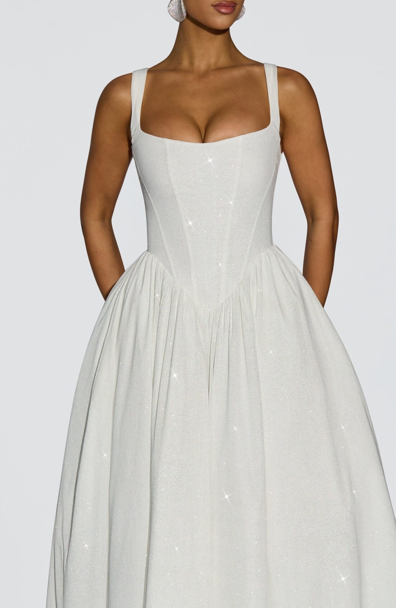 Vivienne Midi Dress Ivory Sparkle Boned Corset Waist Square Neck - Image 3
