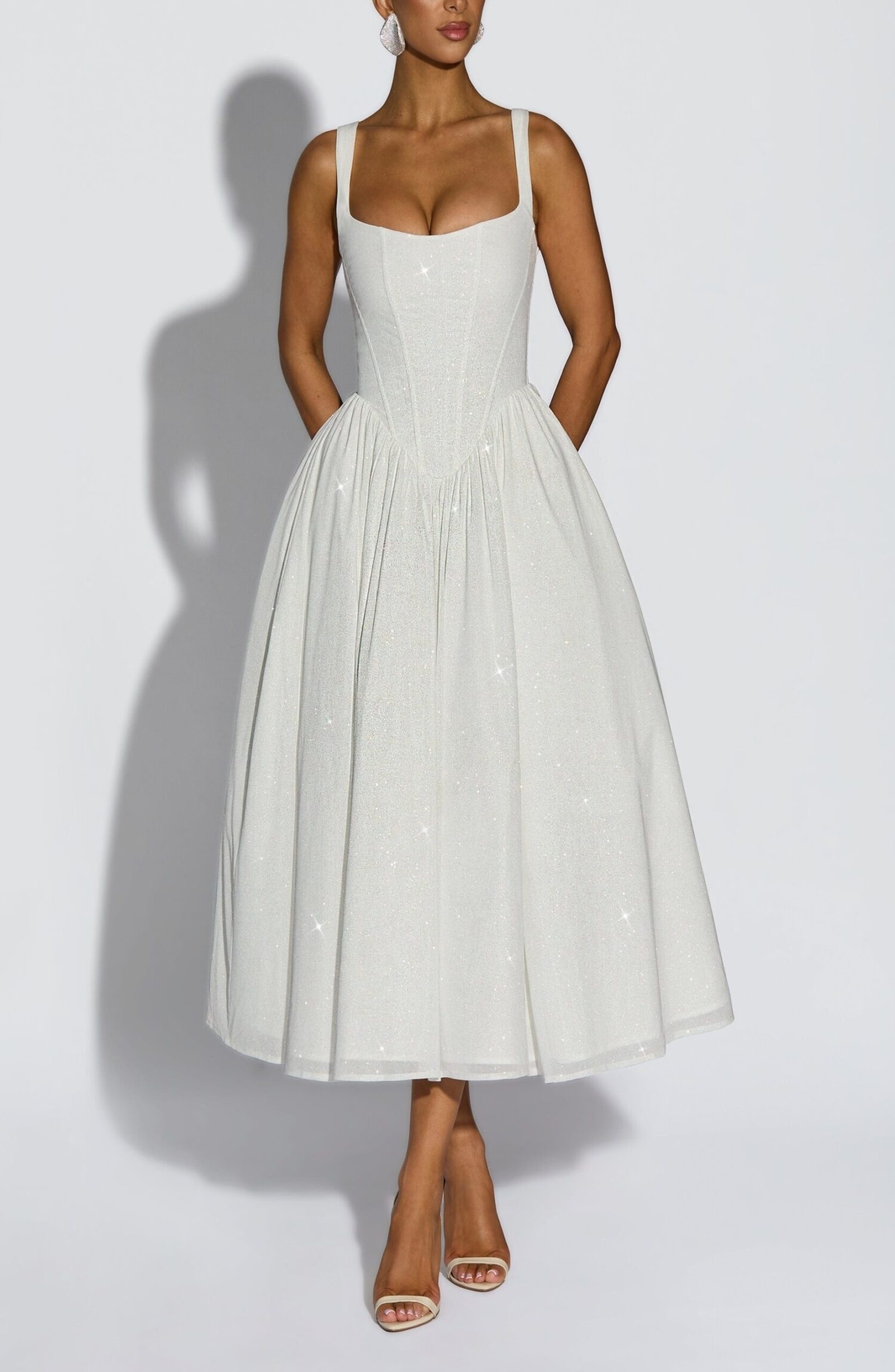Vivienne Midi Dress Ivory Sparkle Boned Corset Waist Square Neck - Image 4