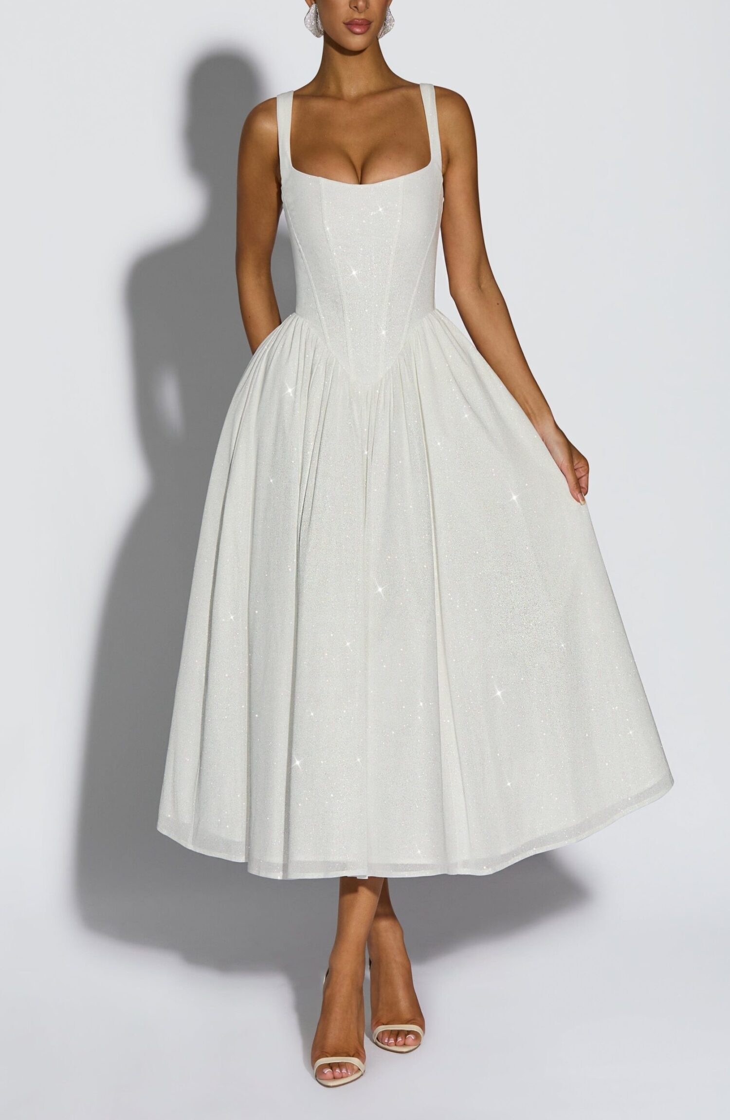 Vivienne Midi Dress Ivory Sparkle Boned Corset Waist Square Neck