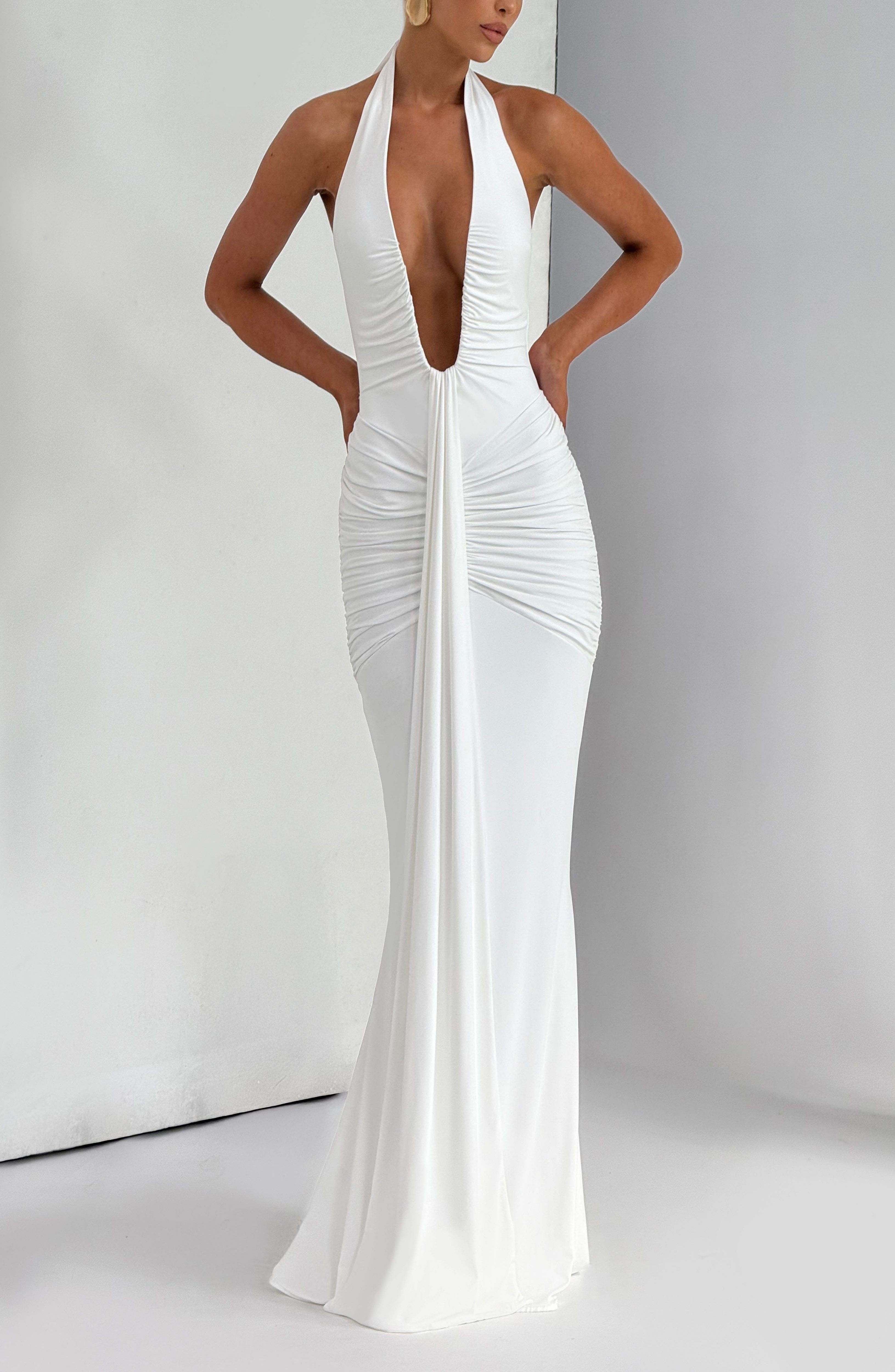 White Halterneck U-Wire Jersey Maxi Dress with Train - Image 3