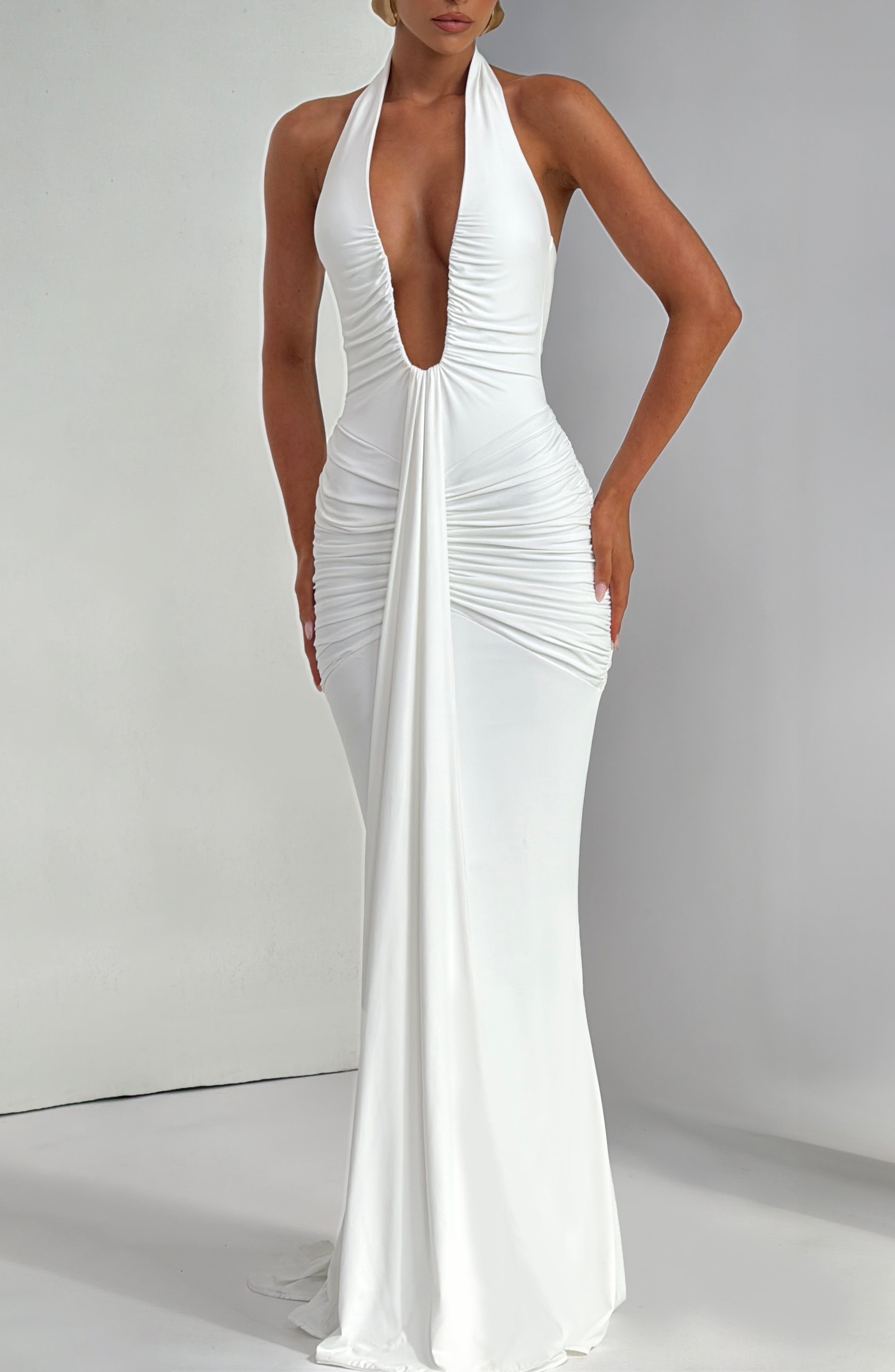 White Halterneck U-Wire Jersey Maxi Dress with Train